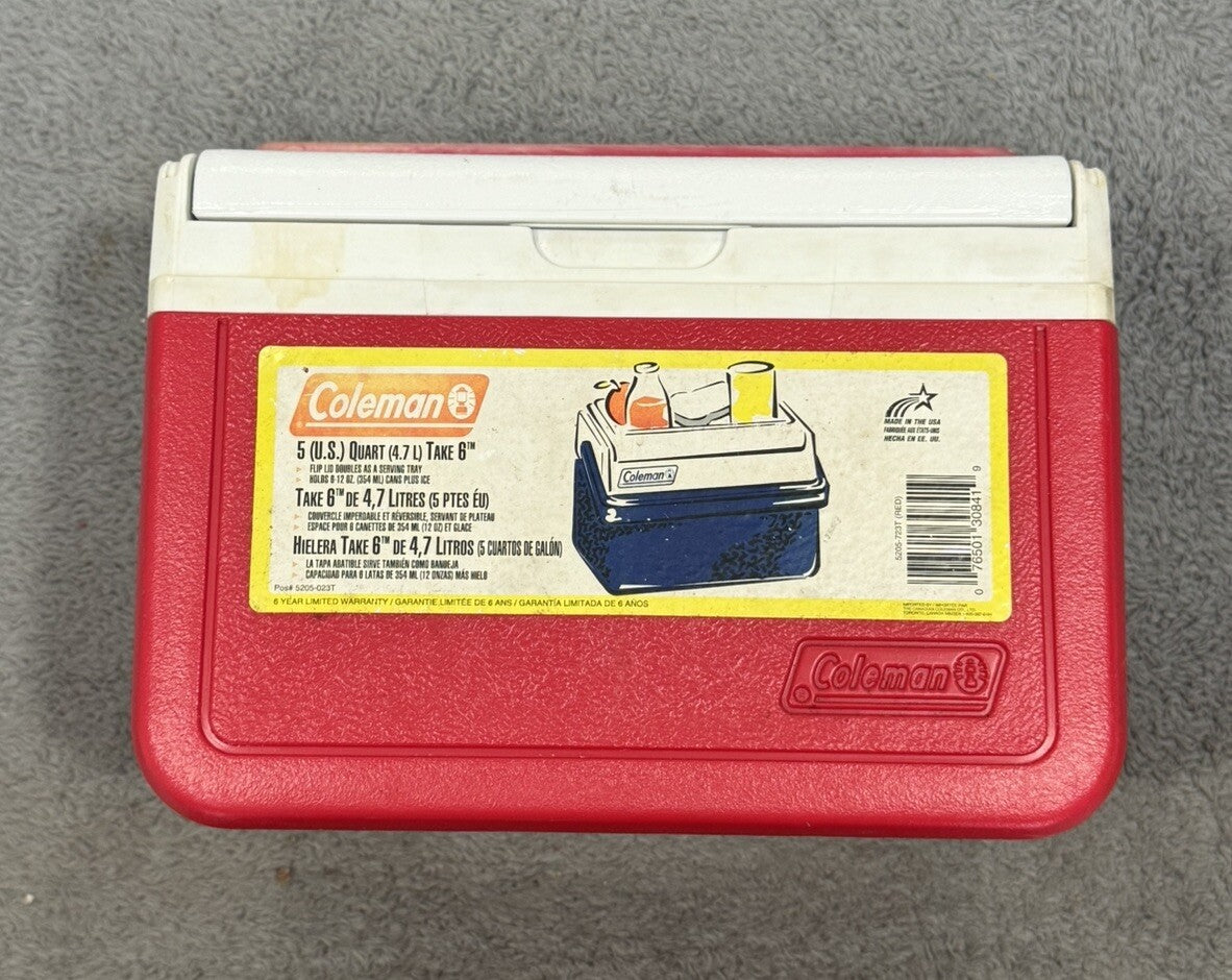 Vintage Coleman Red Flip Top Lid Personal Mini Cooler 5205, 6 Pack Lunchbox