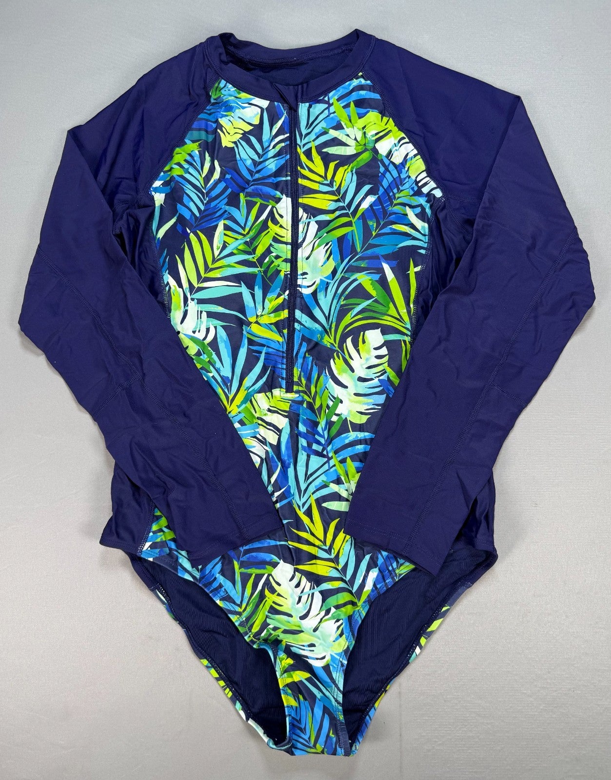 NWT Daci One Piece Swimsuit Women's Large Blue Tropical Leaf Summer Long Sleeve
