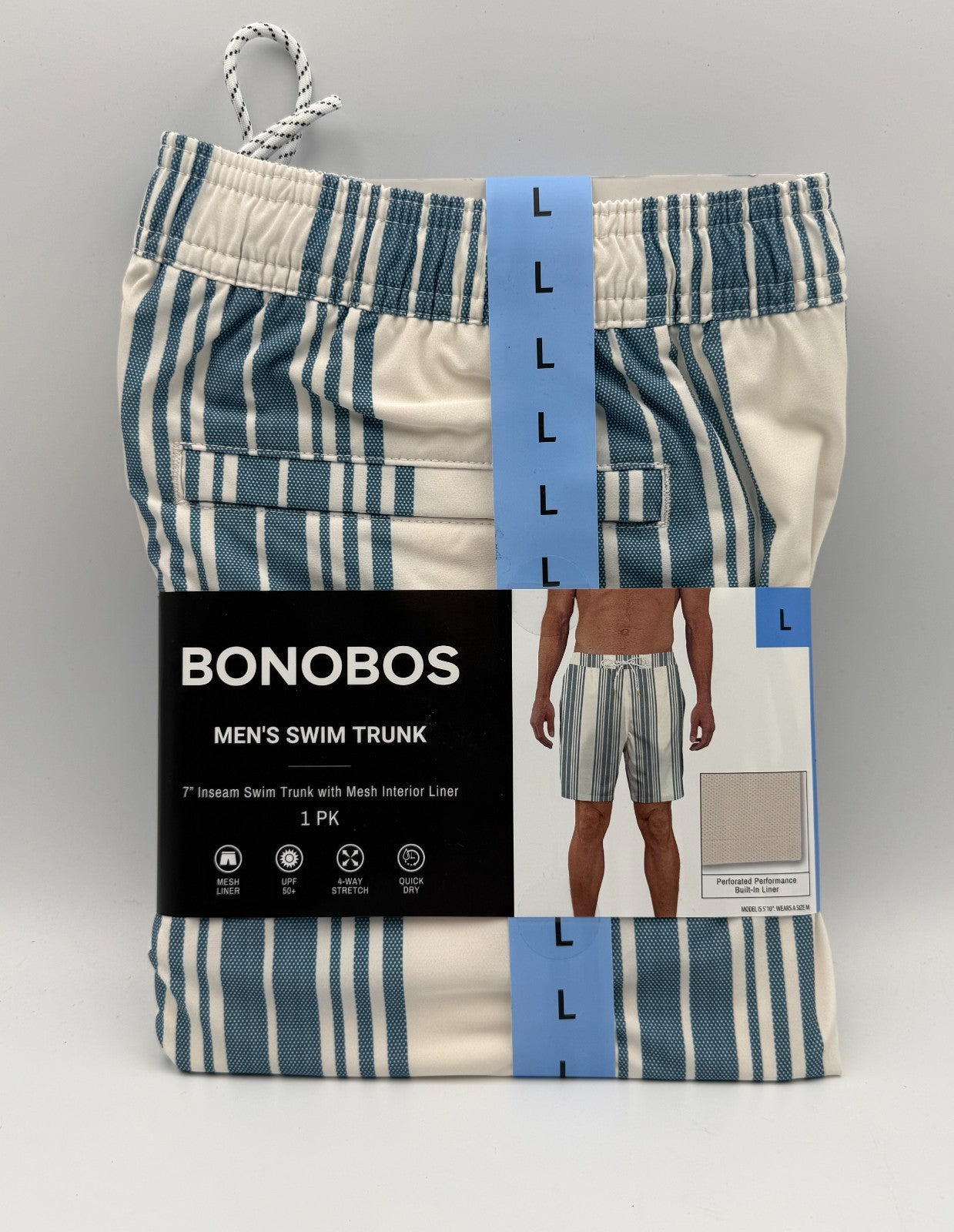 NWT Bonobos Swim Trunks Men's Large White Blue Striped Drawstring Summer Beach