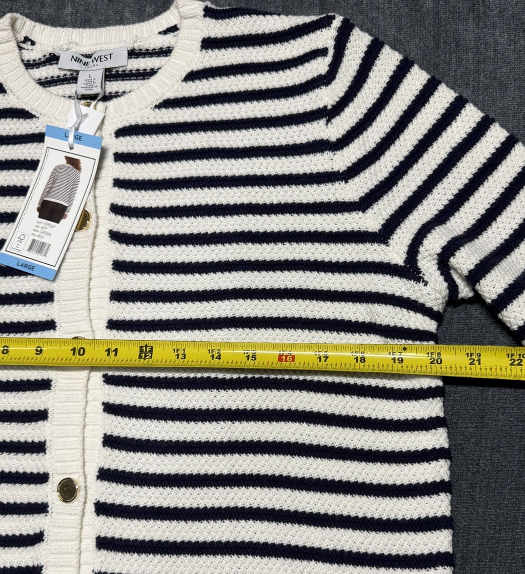 NWT Nine West Cropped Cardigan Sweater Women's Large White Navy Striped Classic