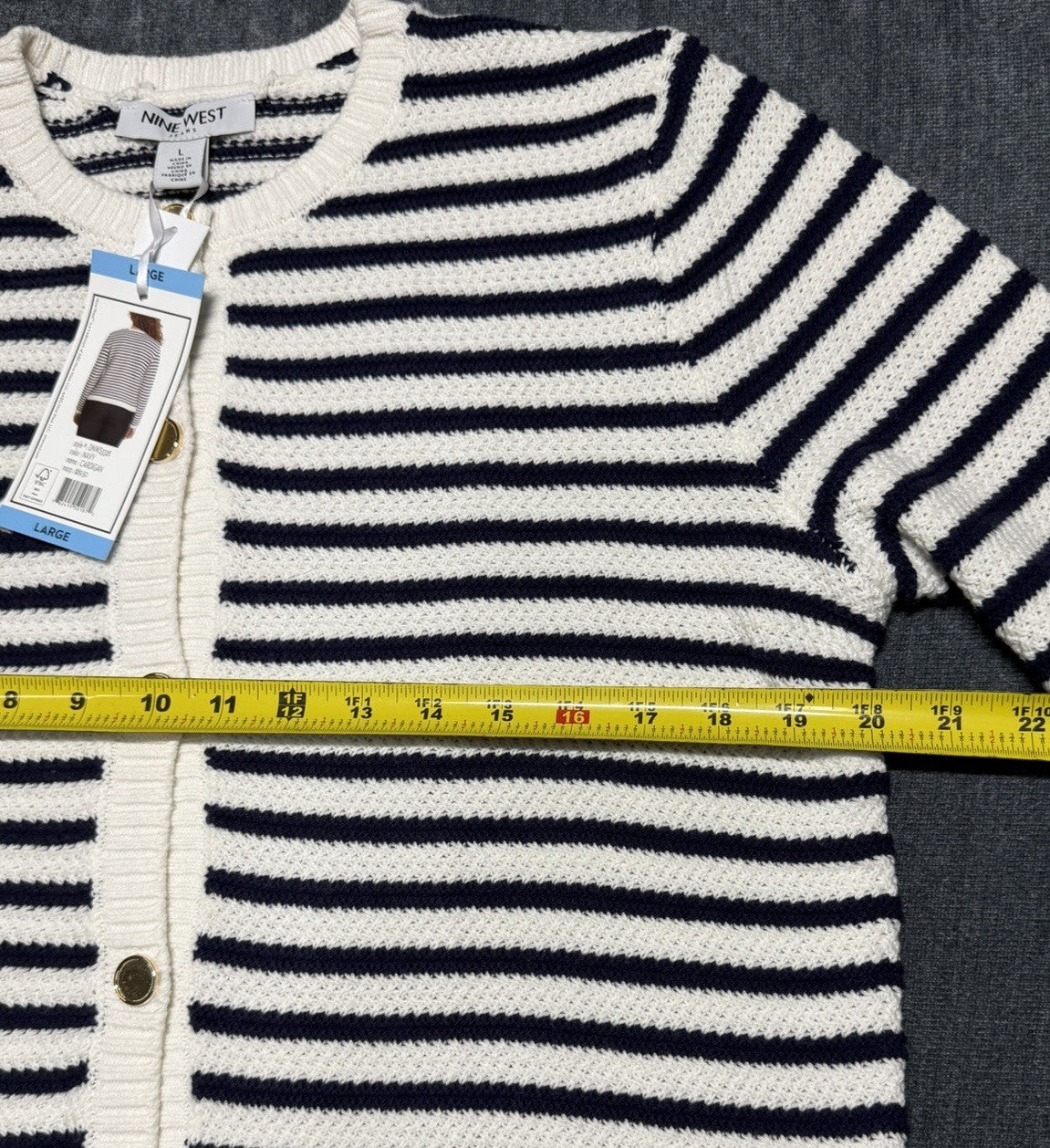 NWT Nine West Cropped Cardigan Sweater Women's Large White Navy Striped Classic