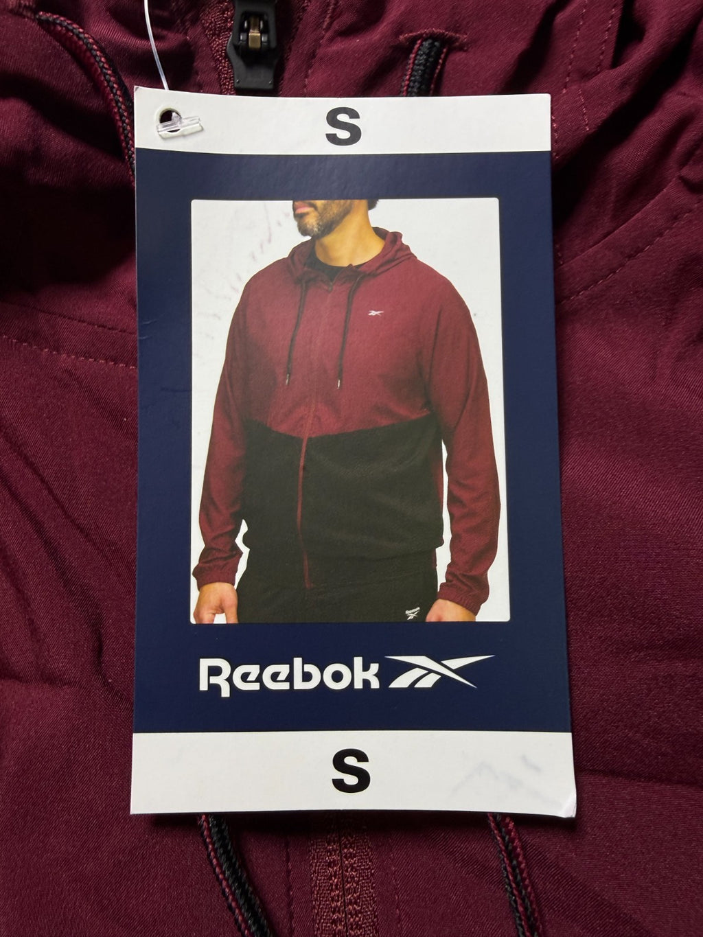 Reebok Full Zip Color Block Adjustable Hood Woven Jacket Men Small Maroon/Black