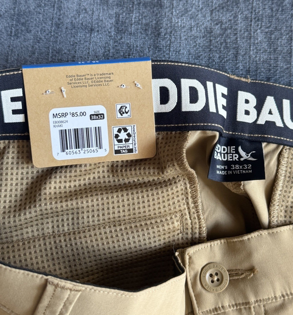 Eddie Bauer Pants Mens 38x32 Khaki Tech Chino Elastic Outdoor Stretch Travel NWT