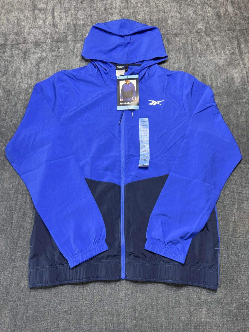 NWT Reebok Full Zip Training Woven Jacket Men's Large Navy Blue Adjustable Hood