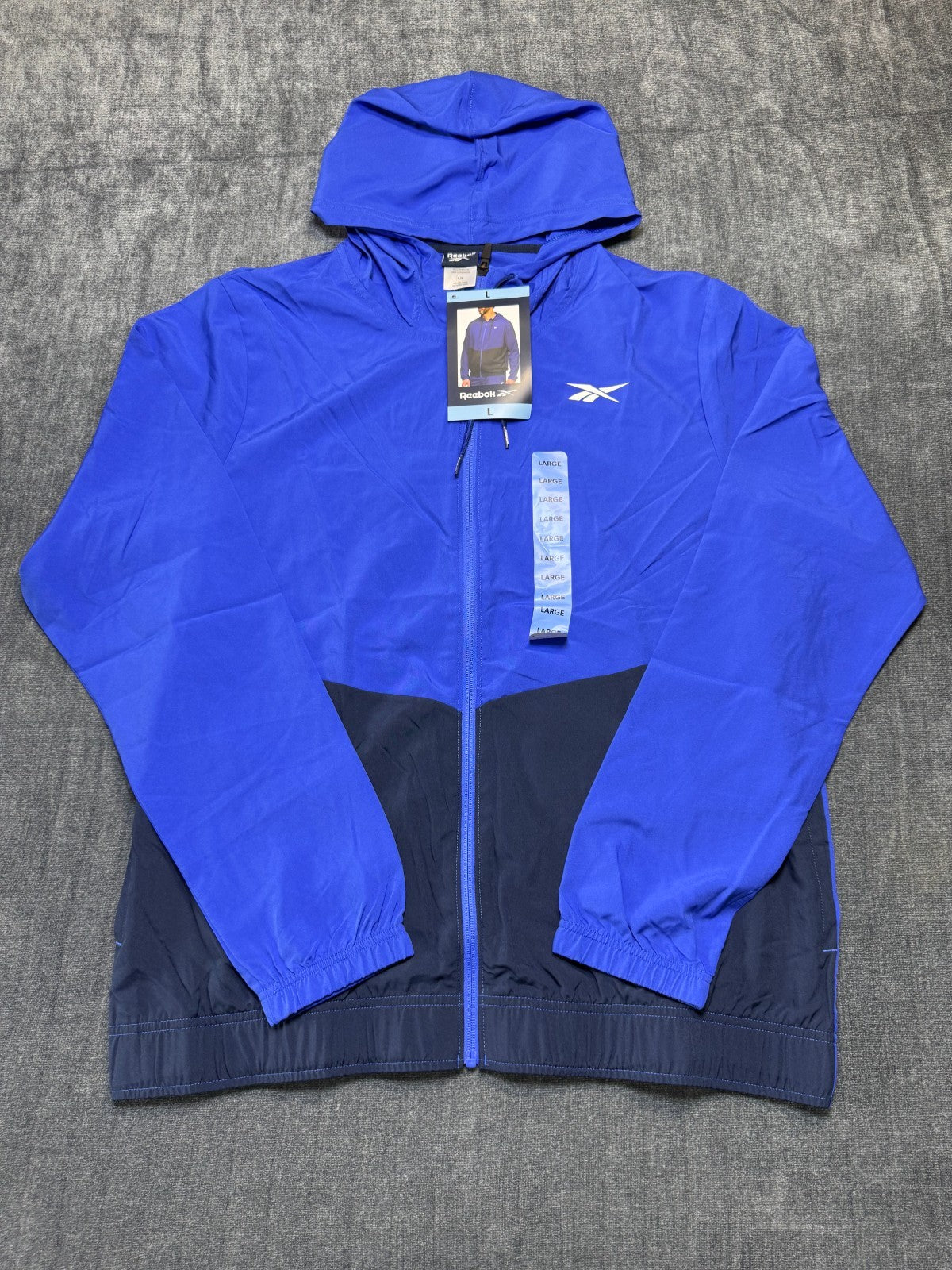 NWT Reebok Full Zip Training Woven Jacket Men's Large Navy Blue Adjustable Hood