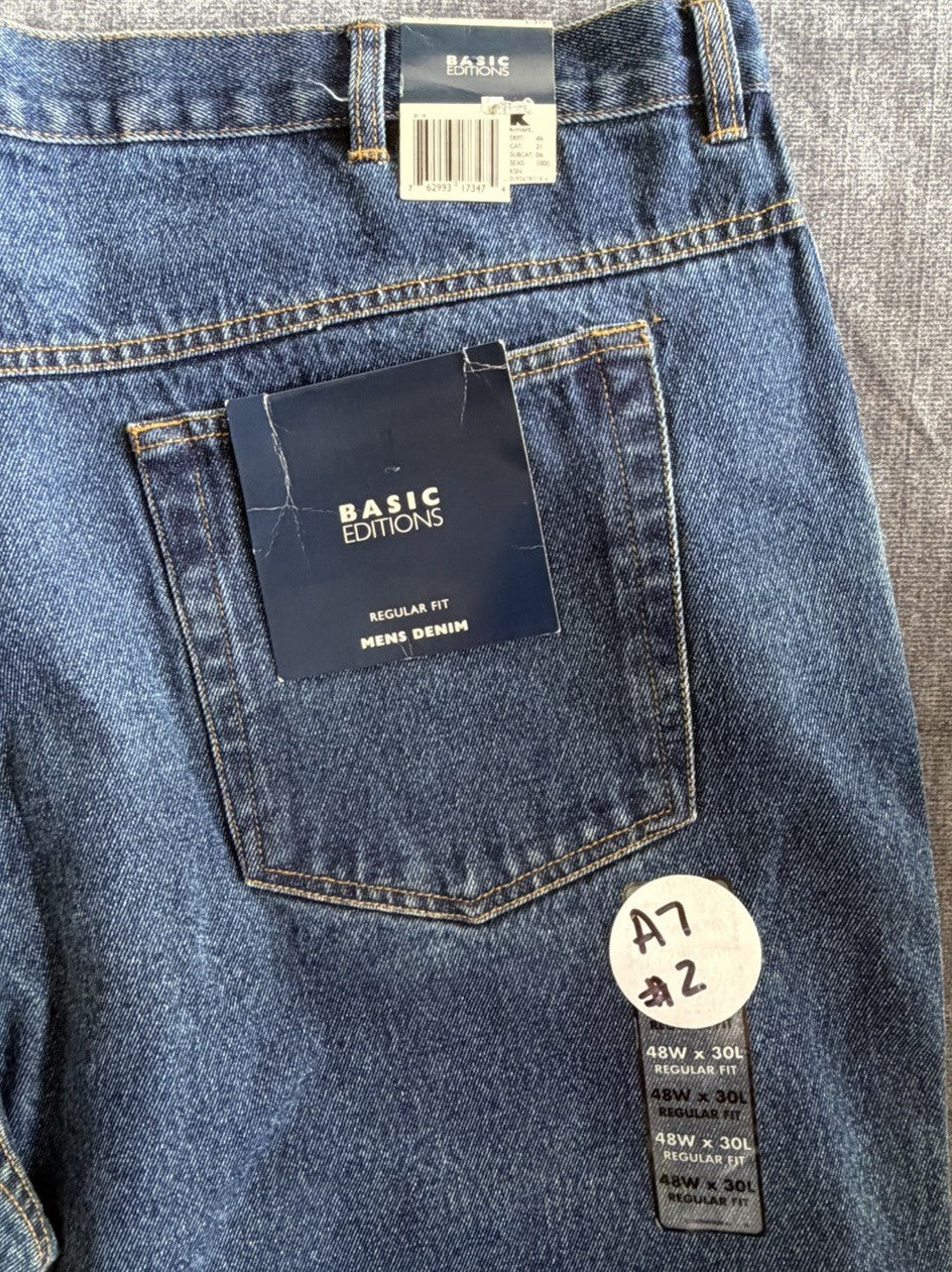 Basic Editions Regular Fit Men’s 48W X 30L Denim Blue Dark Jeans Classic NWT