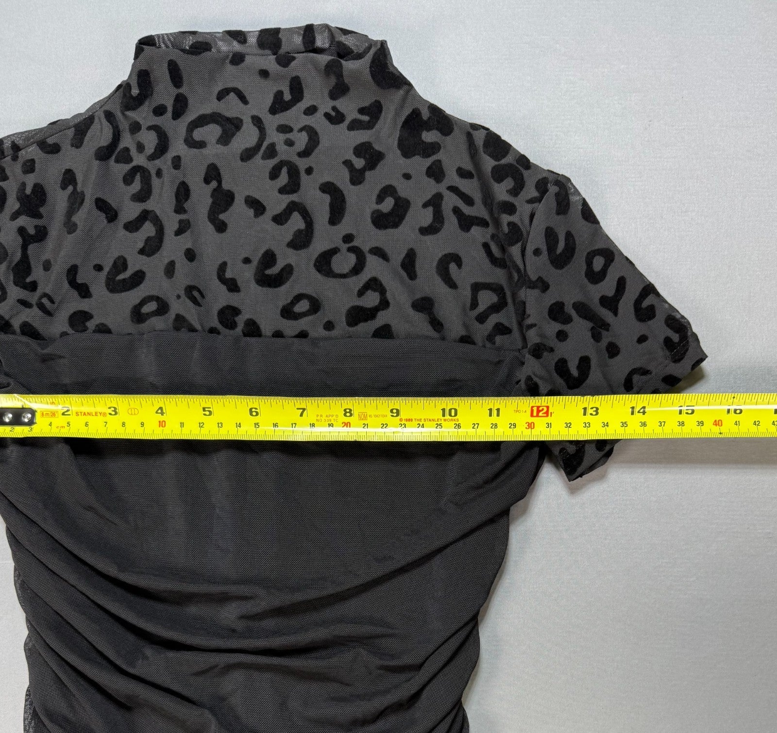 Womens S Black Mesh Leopard Print Bodysuit Short Sleeve Ruched Mock Neck Thong