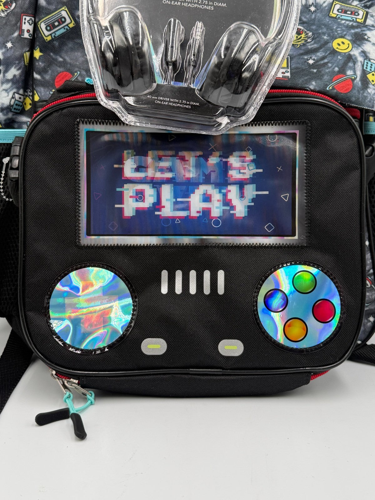 Locker Club Kids Gamer School Backpack Let's Play Controller Print W/Headphones