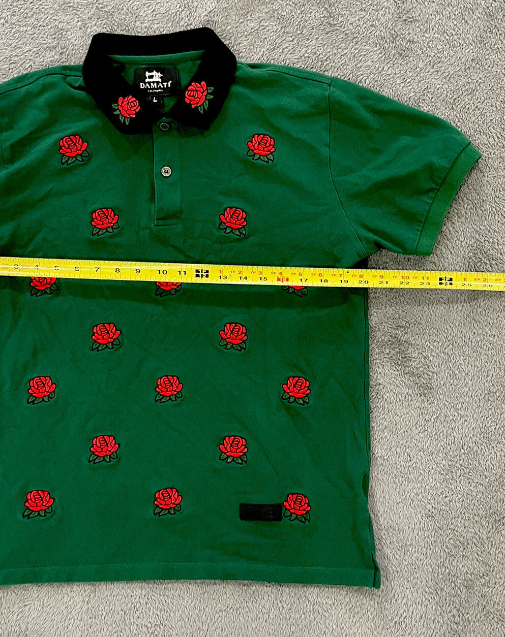 Damati Men's Size Large (L) Polo Short Sleeve Roses Embroidered Green Cotton