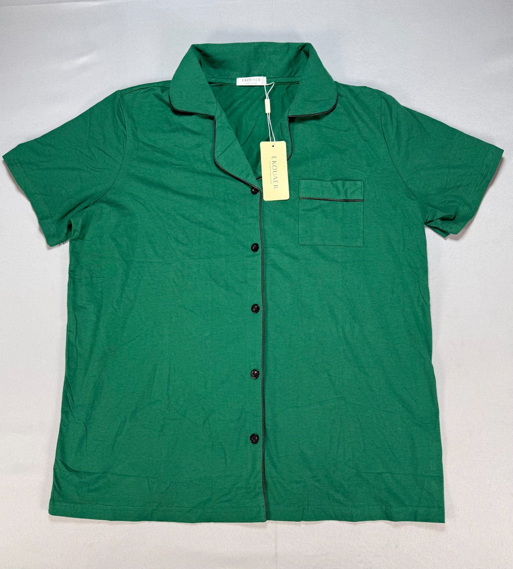 Ekouaer Pajama Set Women's Large Green Short Sleeve Button Down Short Sleeve