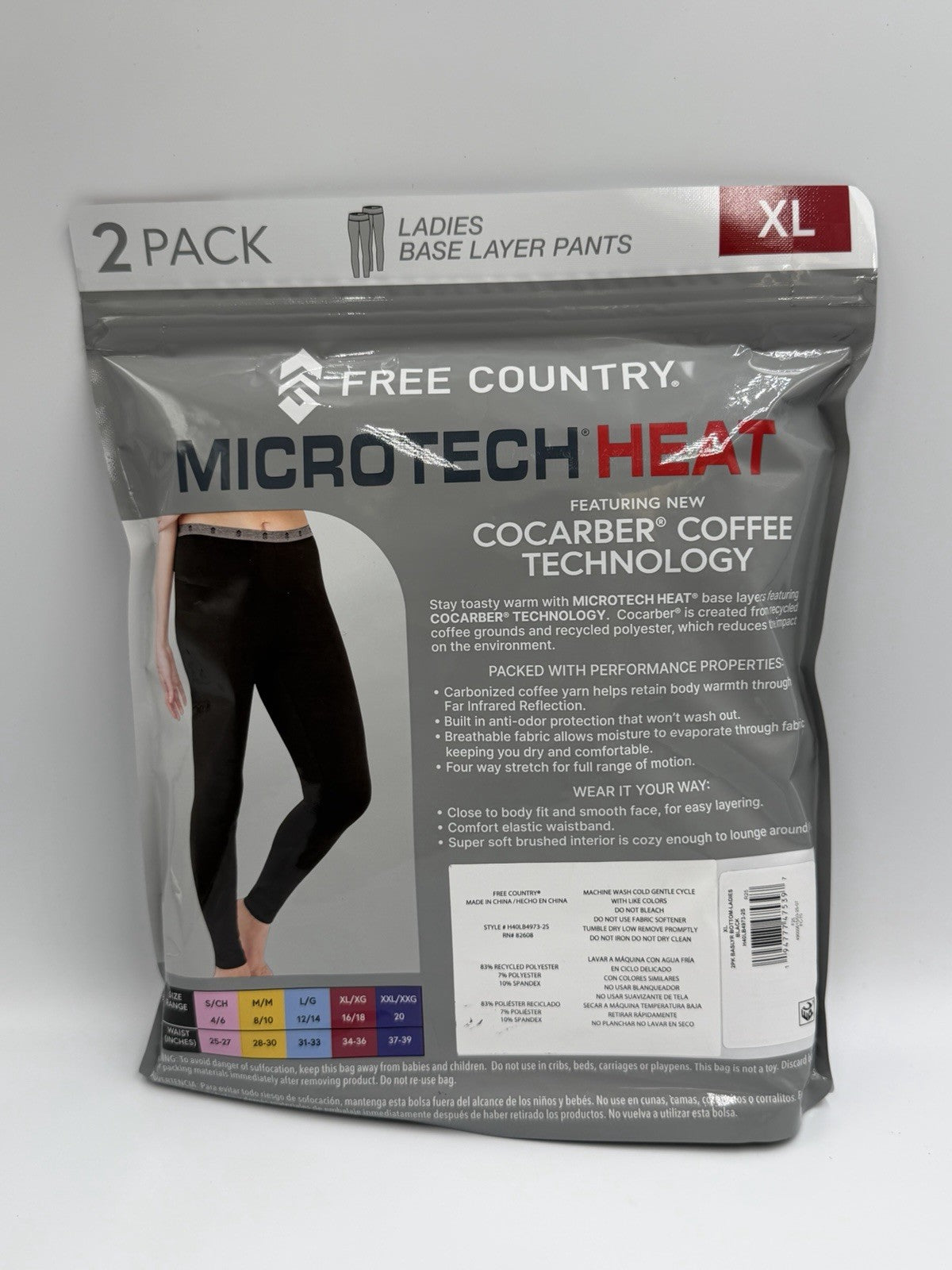 Free Country Microtech Heat Base Layer Pant Women's XL Black Stretch -Pack of 2