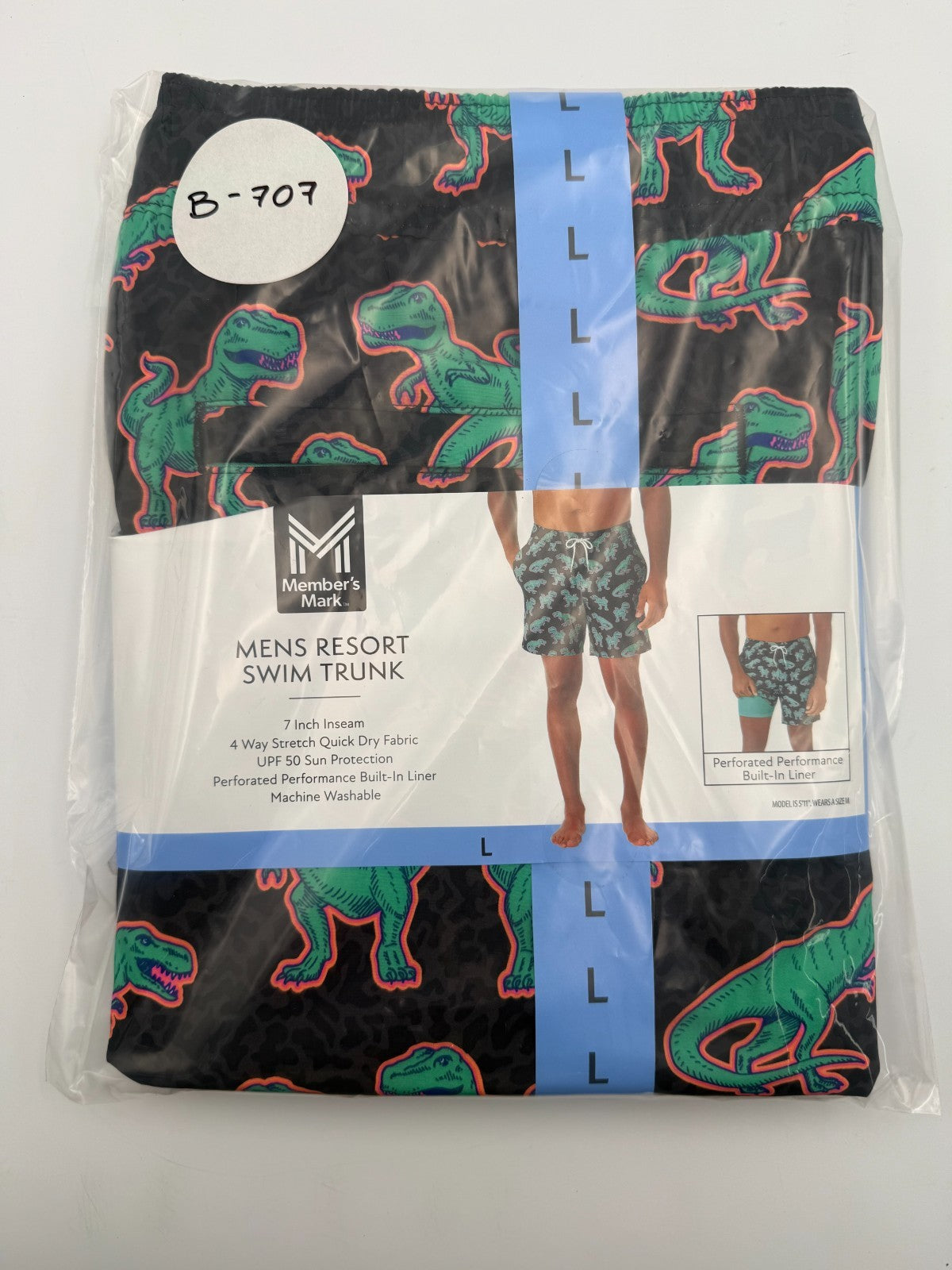 NWT Member's Mark Resort Swim Trunks Men's Large Black Dinosaur Lined 7" Inseam