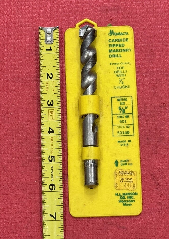 HANSON BY IRWIN 50140 CARBIDE TIPPED MASONRY DRILL CUTS 5/8" for 1/2" Chucks USA