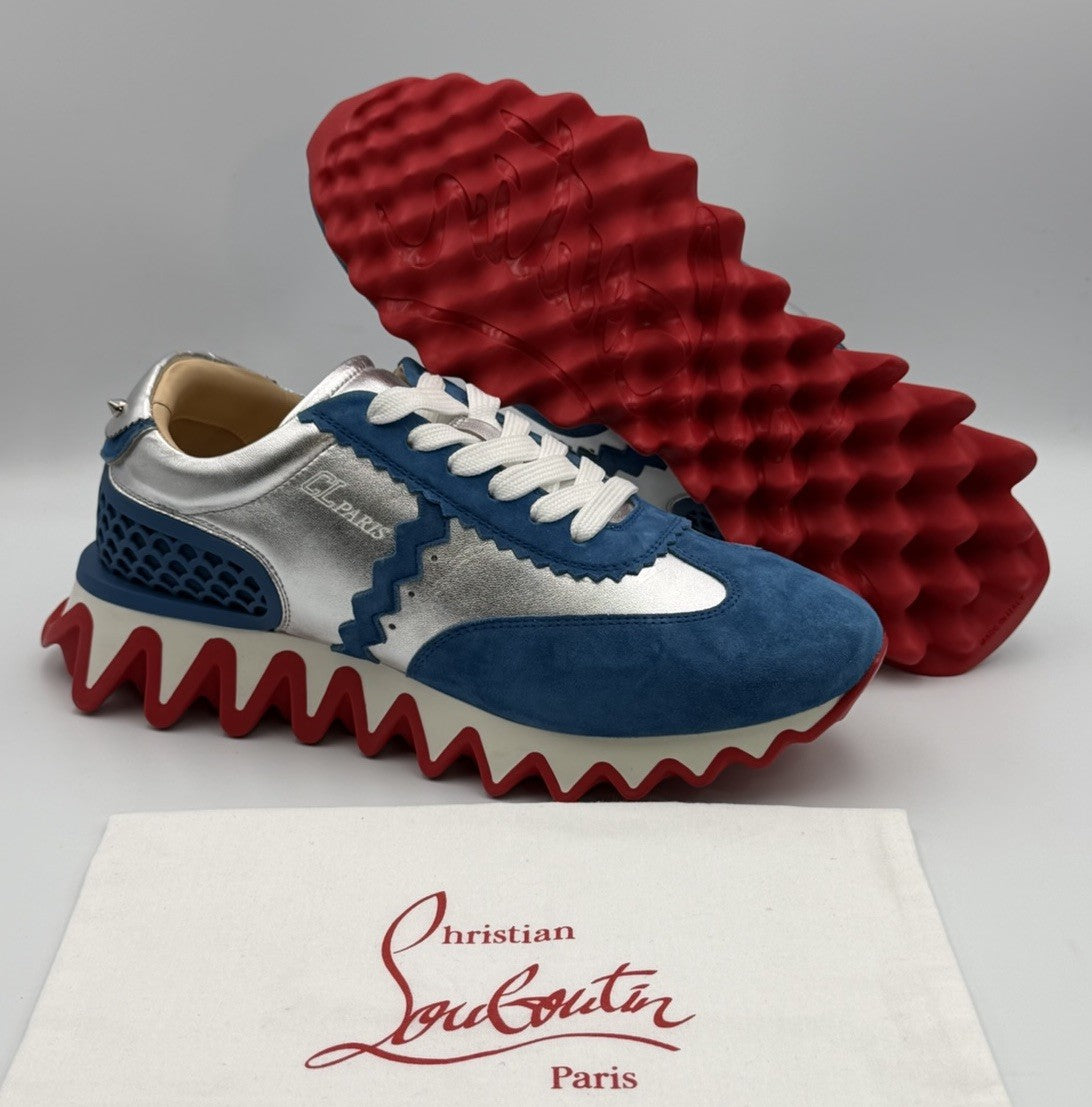 Christian Louboutin Loubishark Flat Ludwig Blue Suede Silver Size 40.5 EU 7.5 US