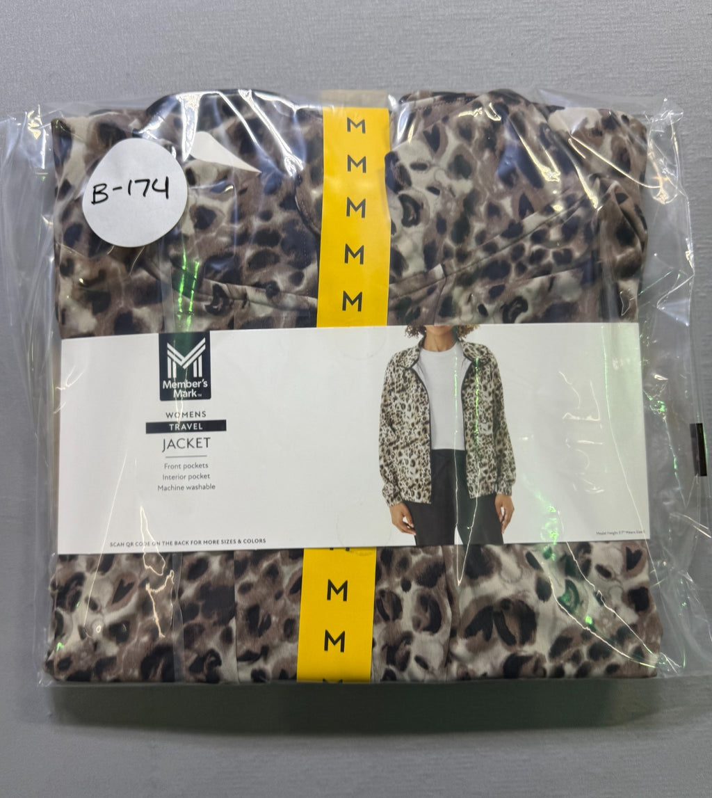 NWT Member's Mark Full-Zip Travel Jacket Women Medium Black/Brown Leopard Print