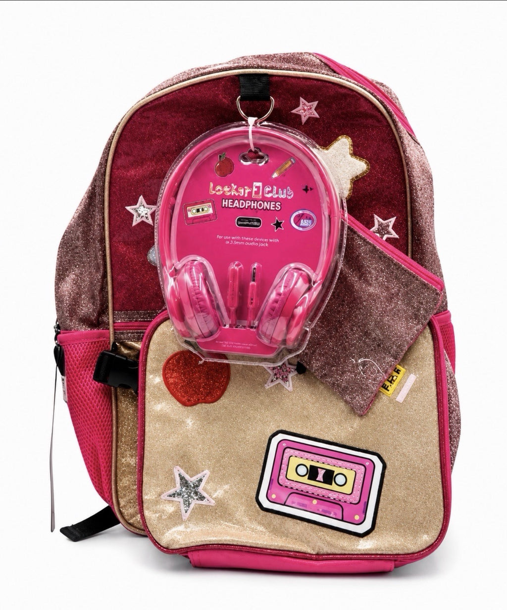 Locker Club Kids Pink Gold Glitter Retro Patch School Backpack Headphone 3Pc Set