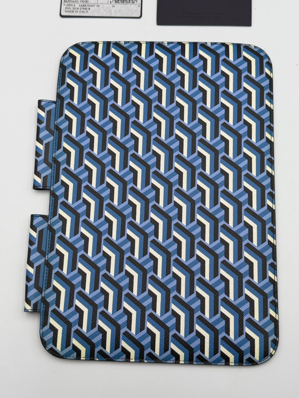 NEW Authentic Prada leather iPad Tablet Case Blue Geometric Saffiano Twist