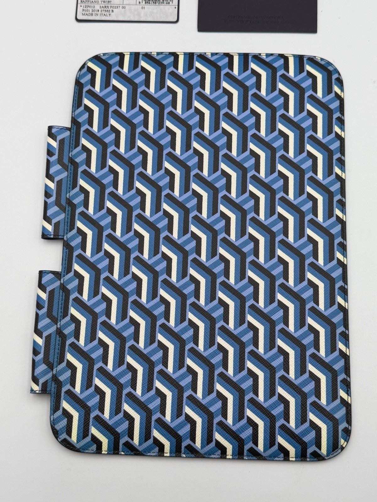 NEW Authentic Prada leather iPad Tablet Case Blue Geometric Saffiano Twist