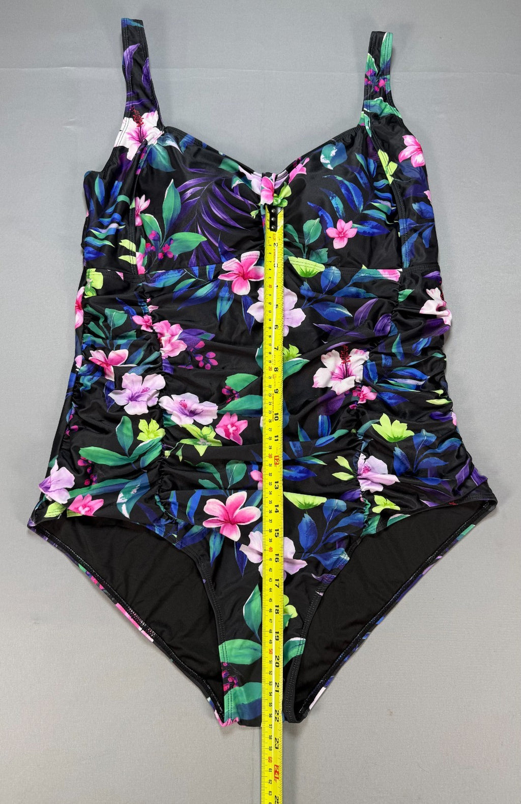 NWT Daci One Piece Swimsuit Women 22W Black Tropical Tummy Control Ruched Floral