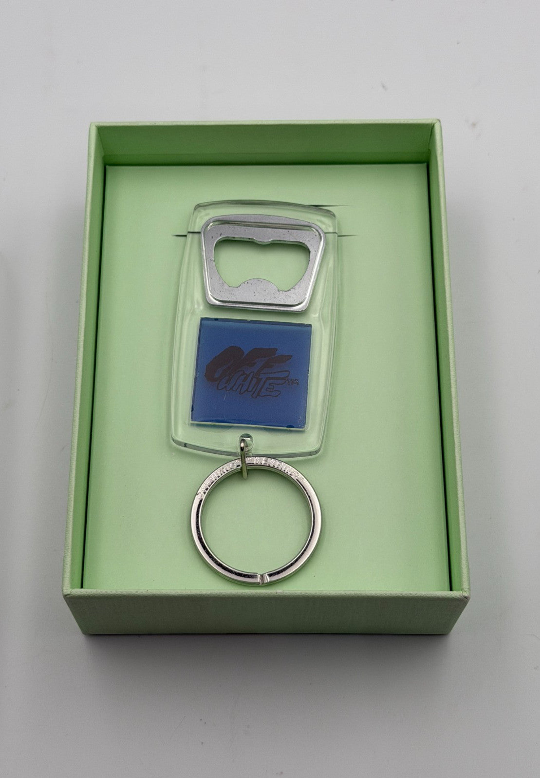 New Off-White Spray Typo Transparent Blue Keychain Bottle Opener - One Size