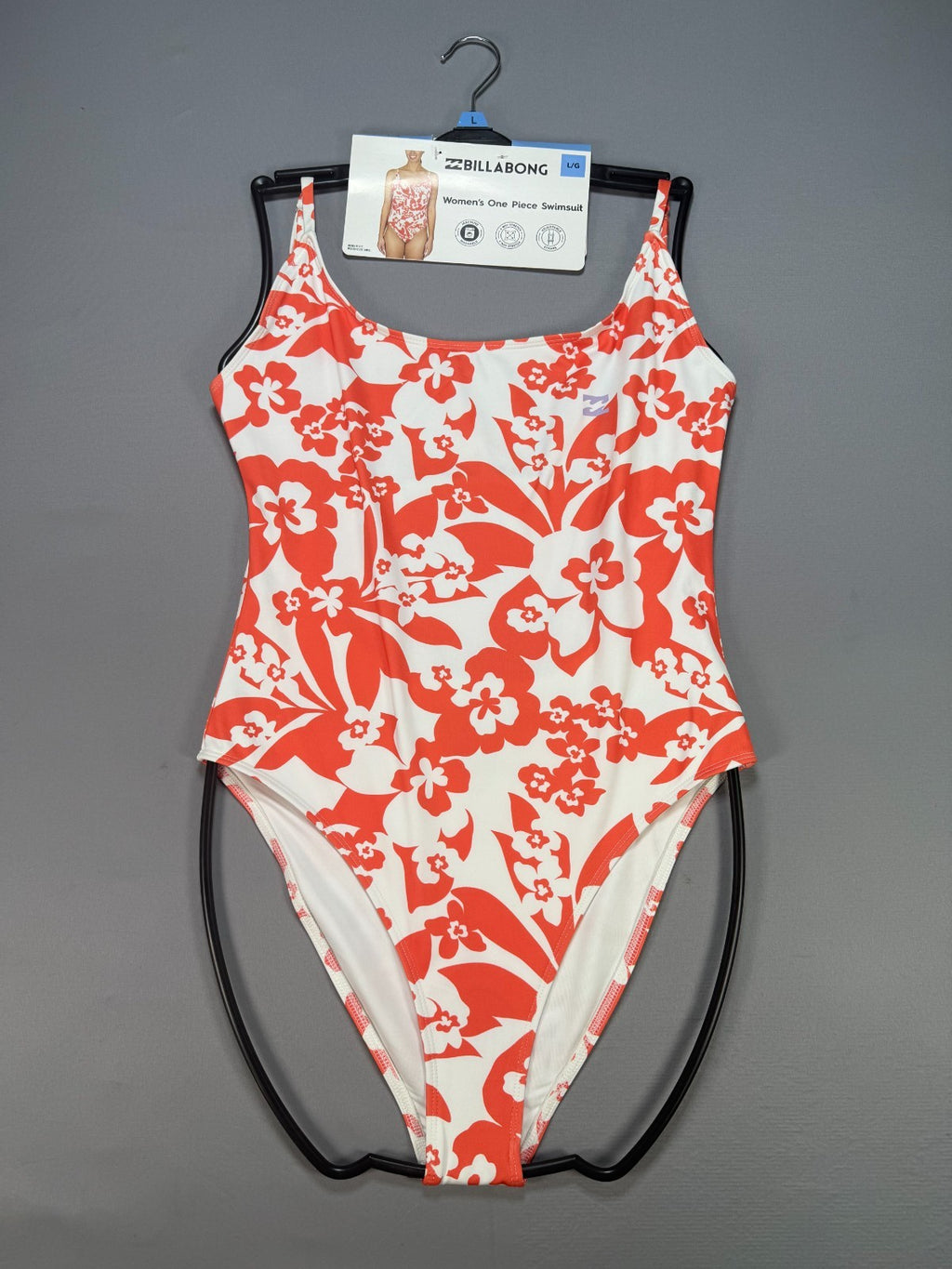 NWT Billabong One-Piece Swimsuit Women Large Orange White Floral Spaghetti Strap