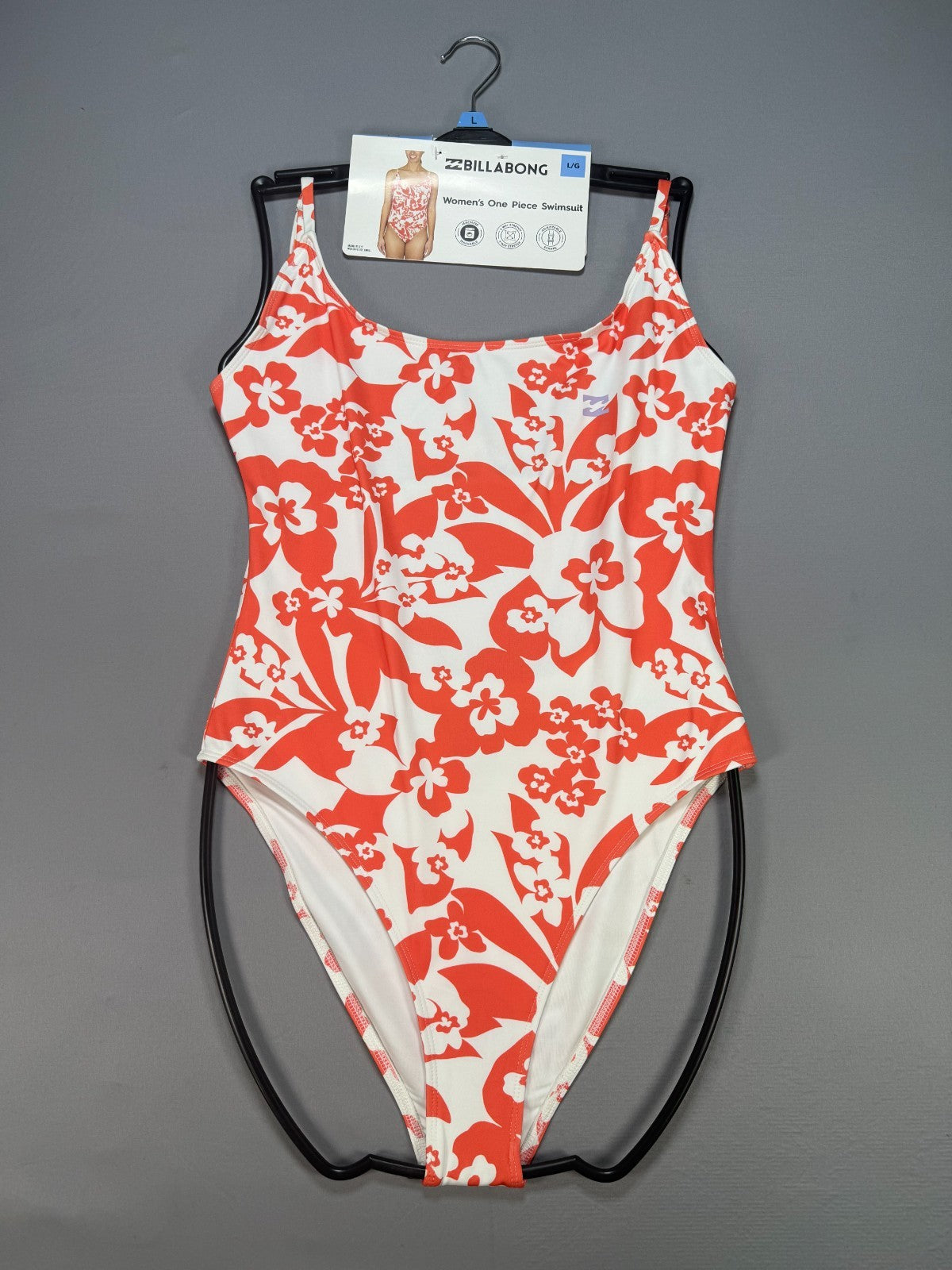 NWT Billabong One-Piece Swimsuit Women Large Orange White Floral Spaghetti Strap