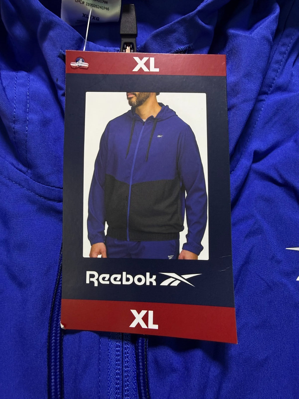 NWT Reebok Full Zip Colorblock Adjustable Hood Training Woven Jacket Men XL Blue