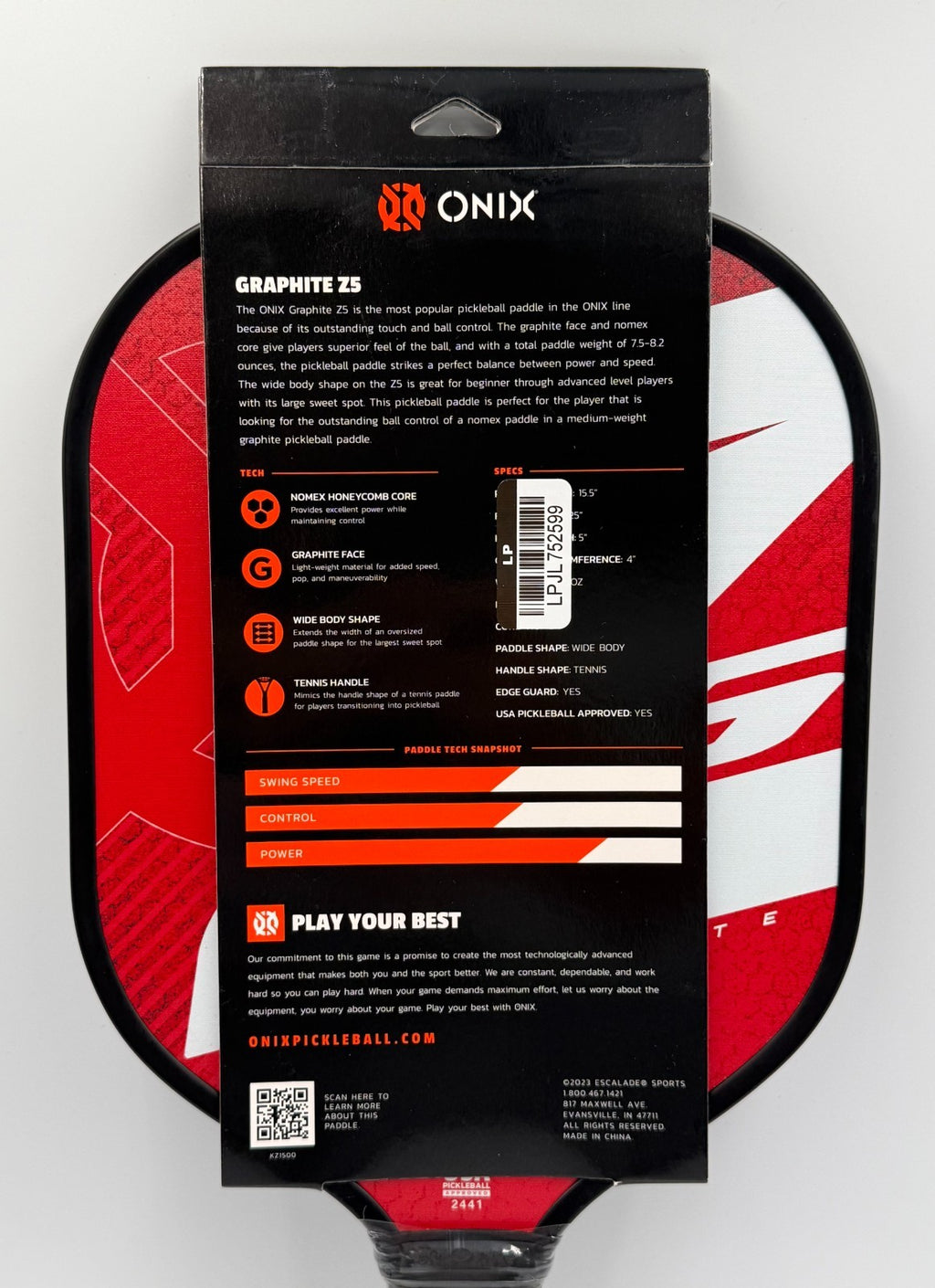 New ONIX Z5 Graphite Pickleball Paddle Wide Body Carbon Fiber Honeycomb Red
