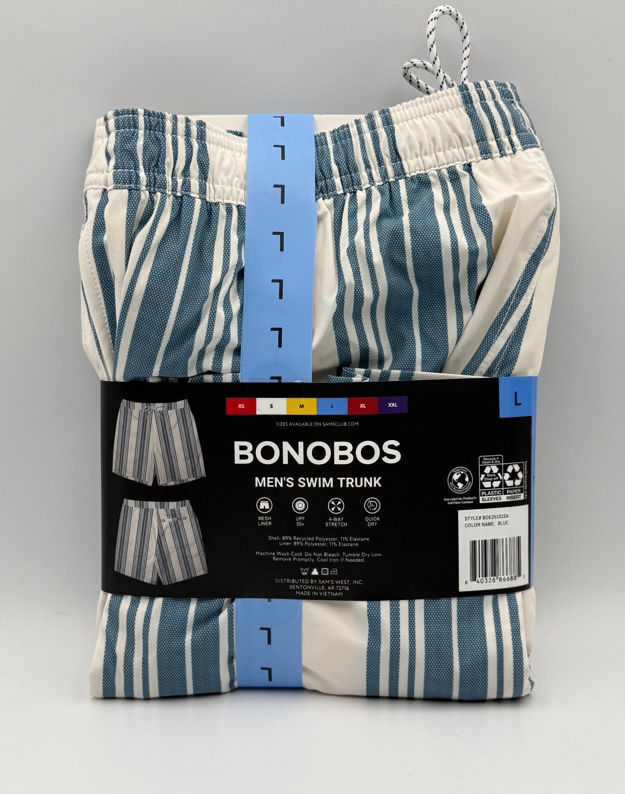 NWT Bonobos Swim Trunks Men's Large White Blue Striped Drawstring Summer Beach