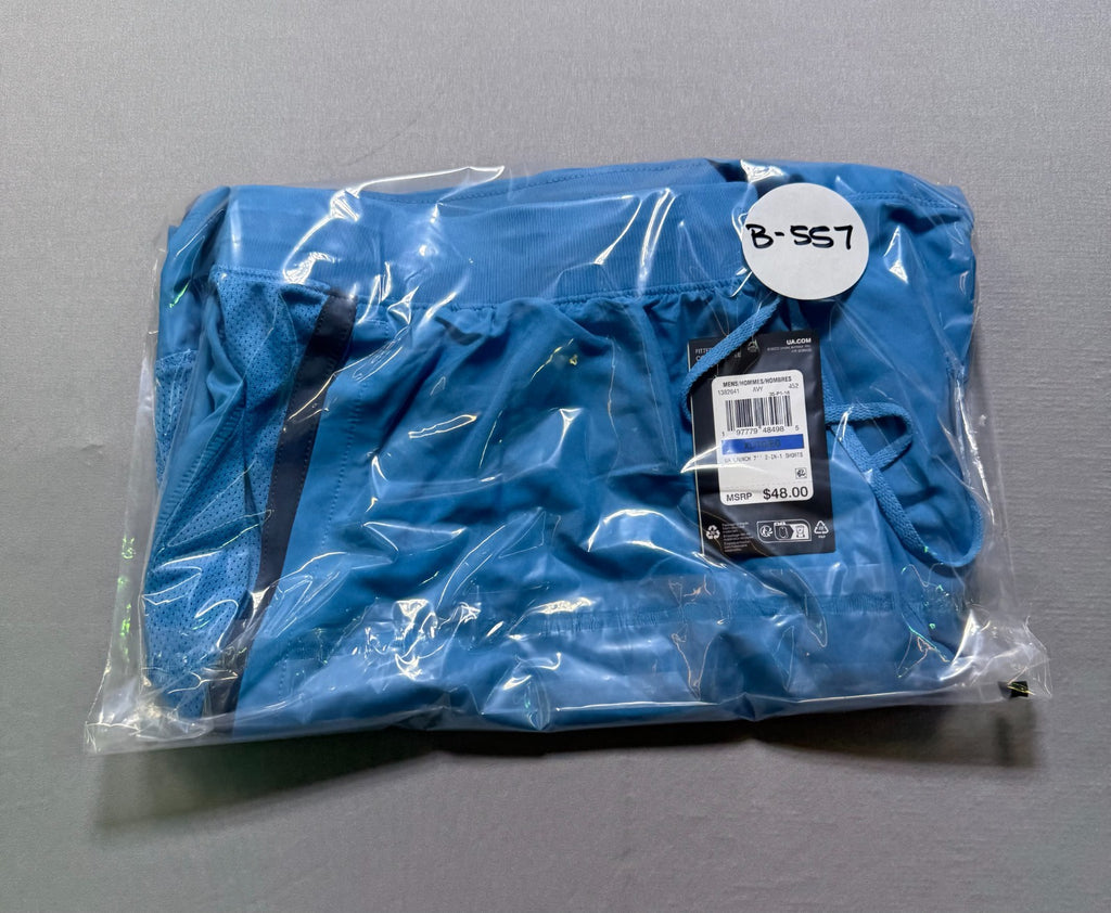 NWT Under Armour Launch 7-in 2 in 1 Shorts Men XL Blue Drawstring Elastic Waist