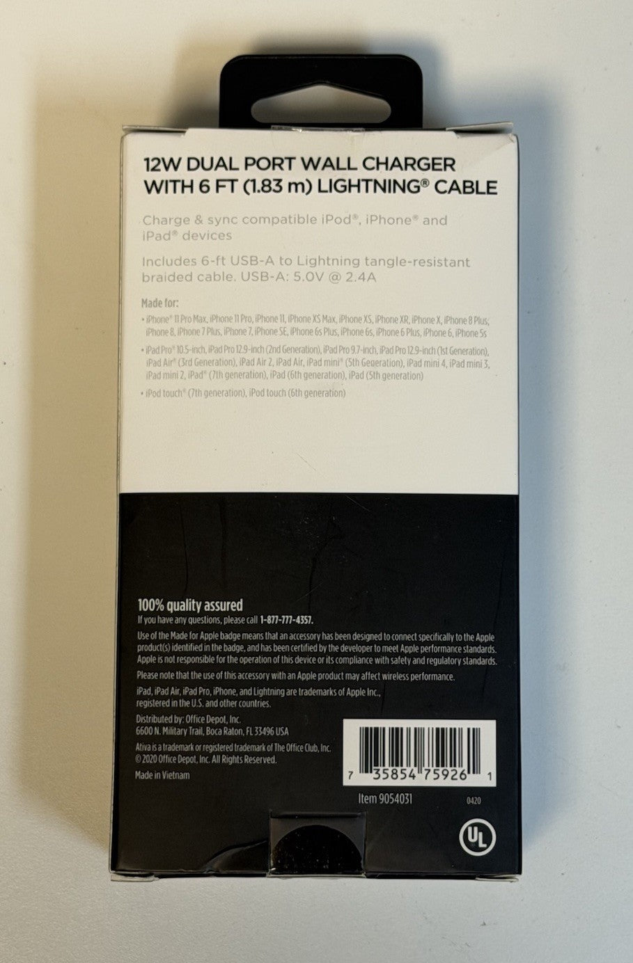 ATIVA ~ 12W Dual Port Wall Charger W/ 6FT Fast Charging Cable Black ~ NEW SEALED