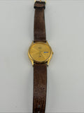 Seiko SQ Watch Men 34mm Gold Dial Gold Tone Daydate Round 5Y23-7079