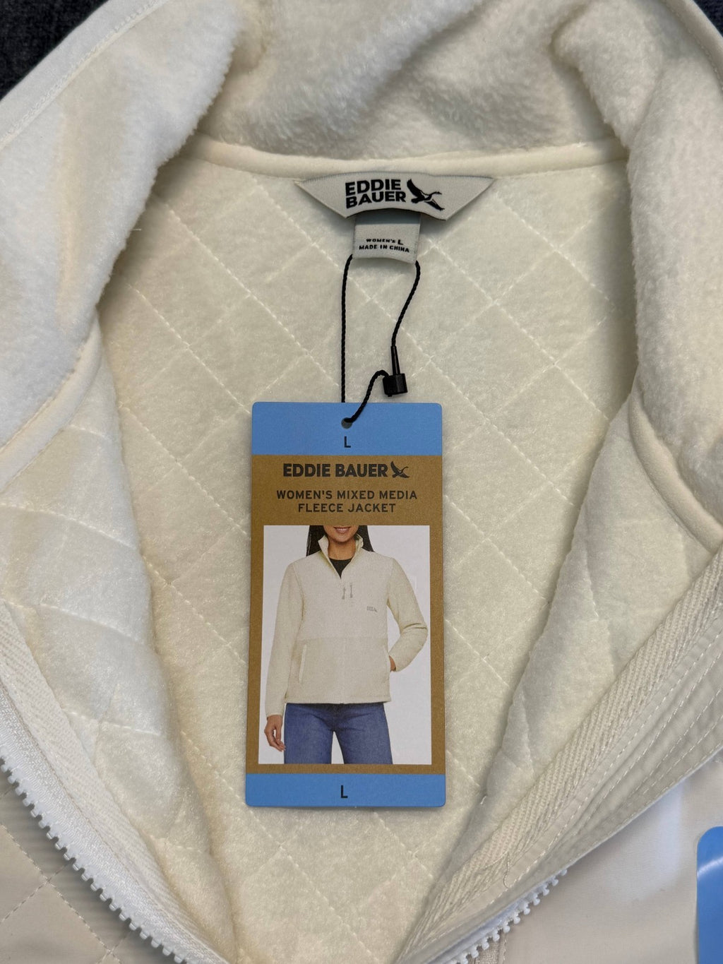 Eddie Bauer Mixed Media Fleece Jacket Women's Large White Cream Full Zip Casual