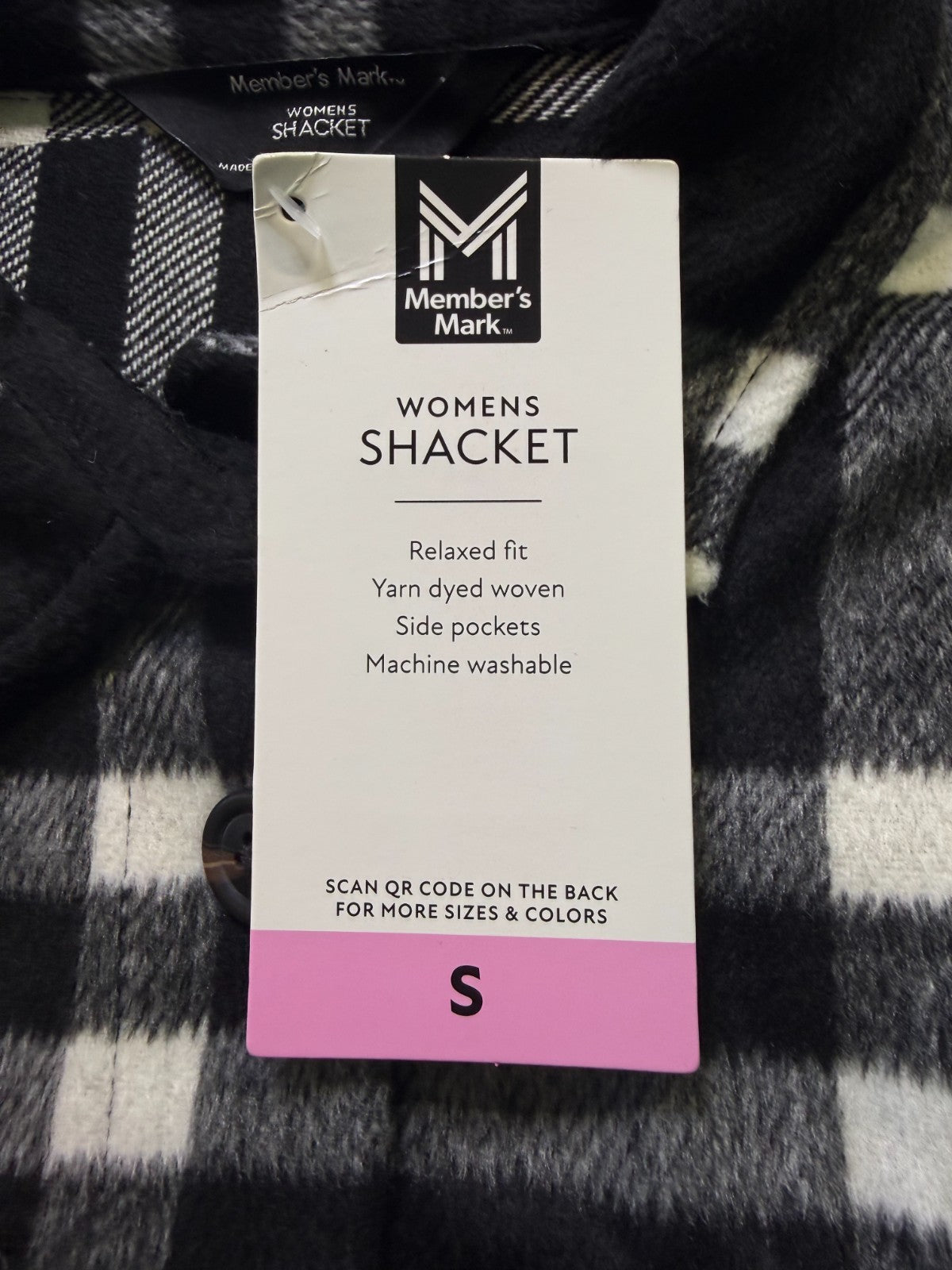 NWT Member's Mark Button-Front Plaid Shacket Women's Small Black/White Pockets