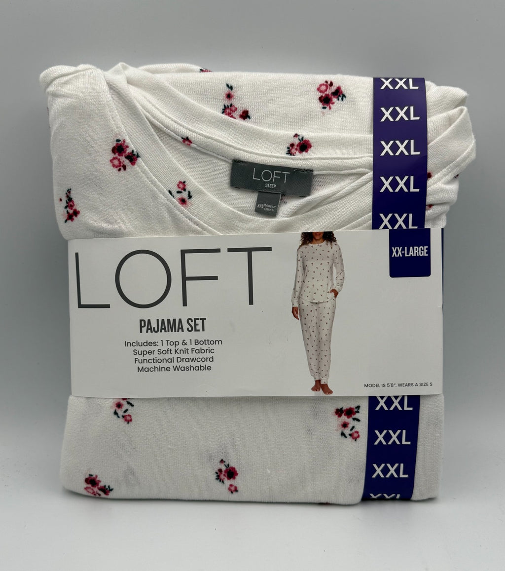NWT Loft 2-Piece Pajama Set Women's 2XL White Floral Long Sleeve Comfort Cozy