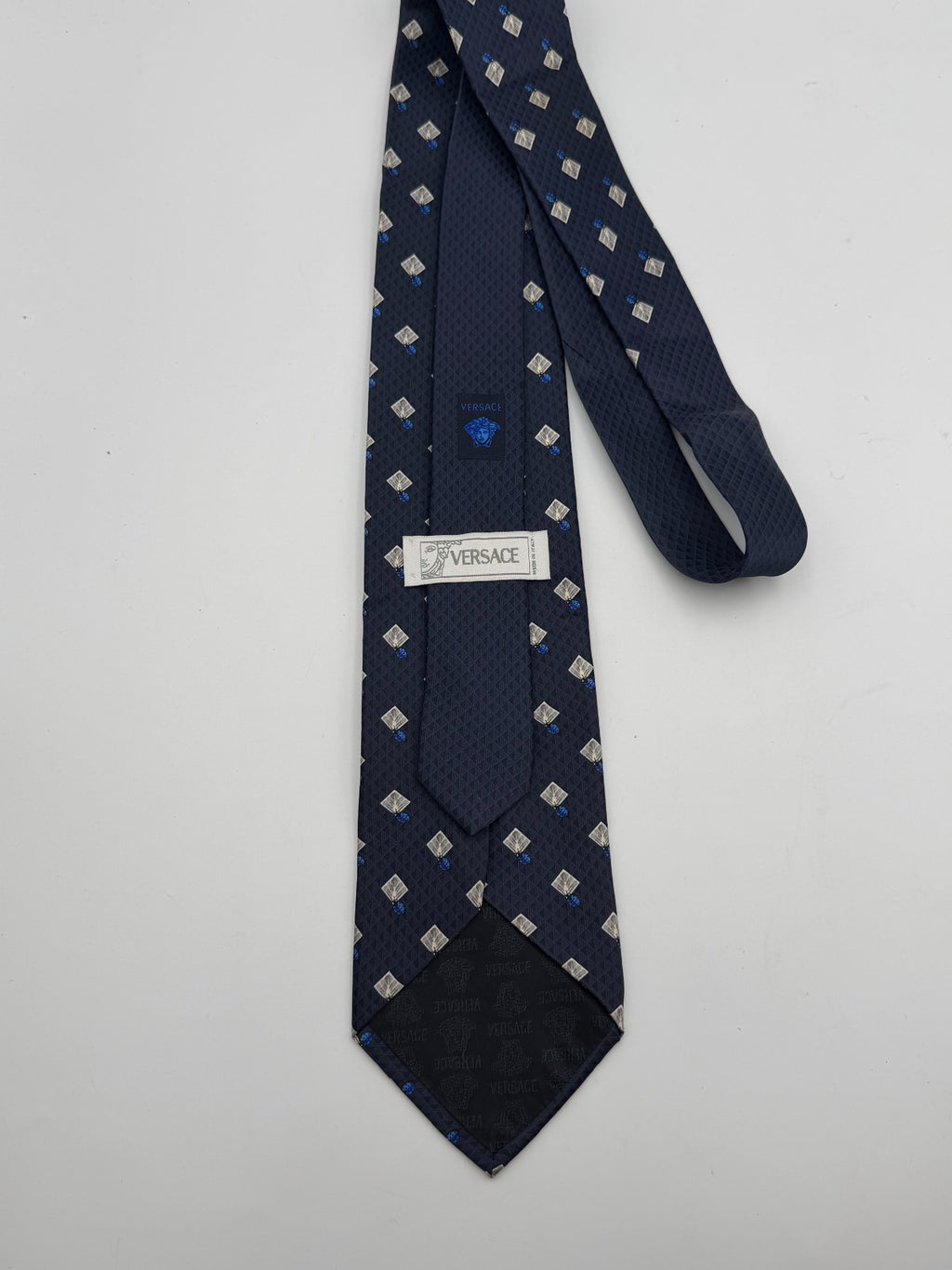 Vintage Versace Silk Necktie Men's Blue Geometric Diamond Pattern Luxury Tie