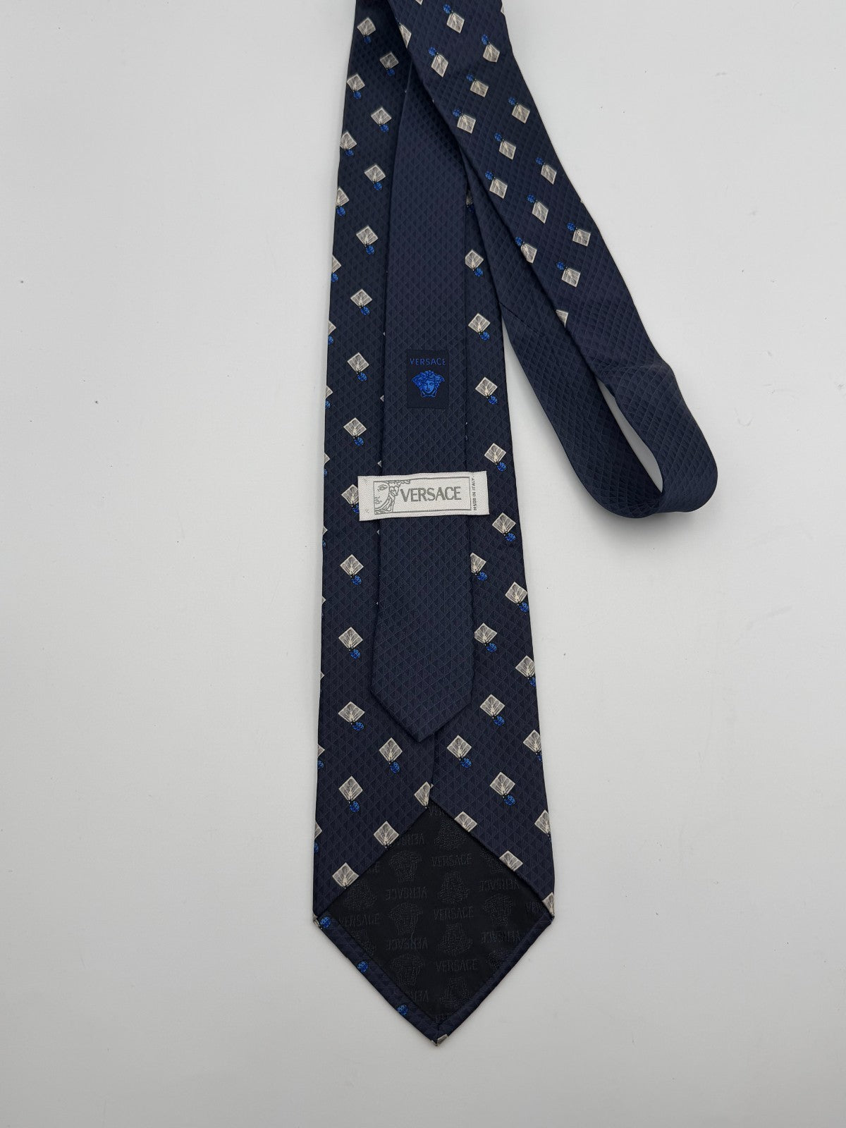 Vintage Versace Silk Necktie Men's Blue Geometric Diamond Pattern Luxury Tie