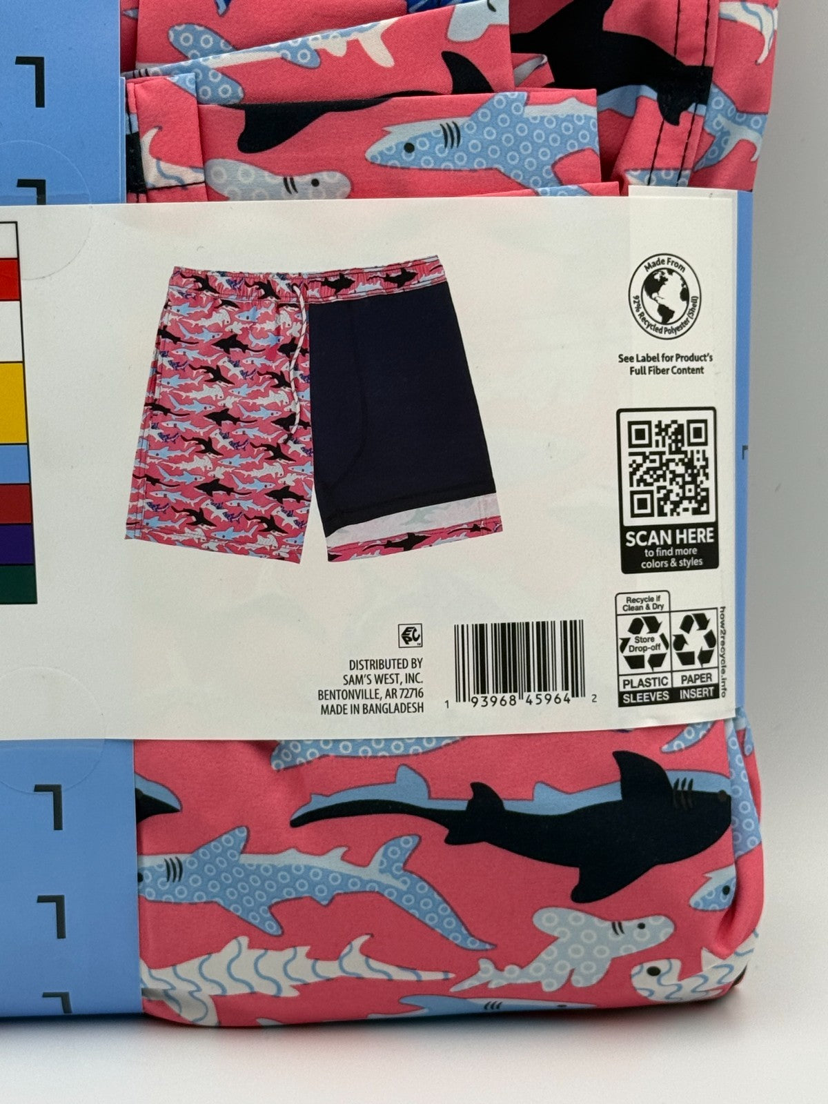 NWT Member's Mark Resort Swim Trunk Men Large Pink Shark Print UPF 50 7" Inseam