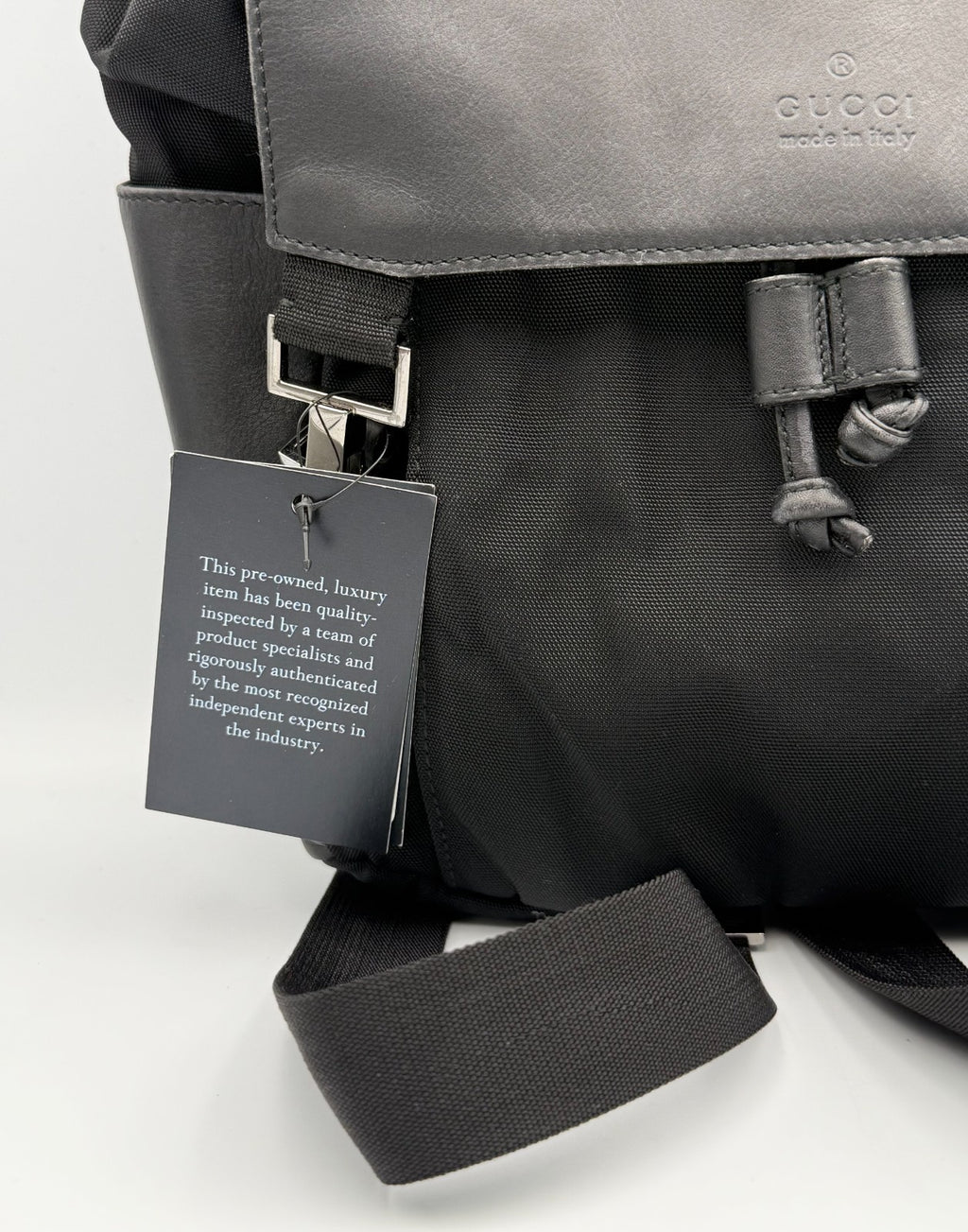Gucci Backpack Unisex Nylon Leather Black Embossed Logo Flap Drawstring Buckle