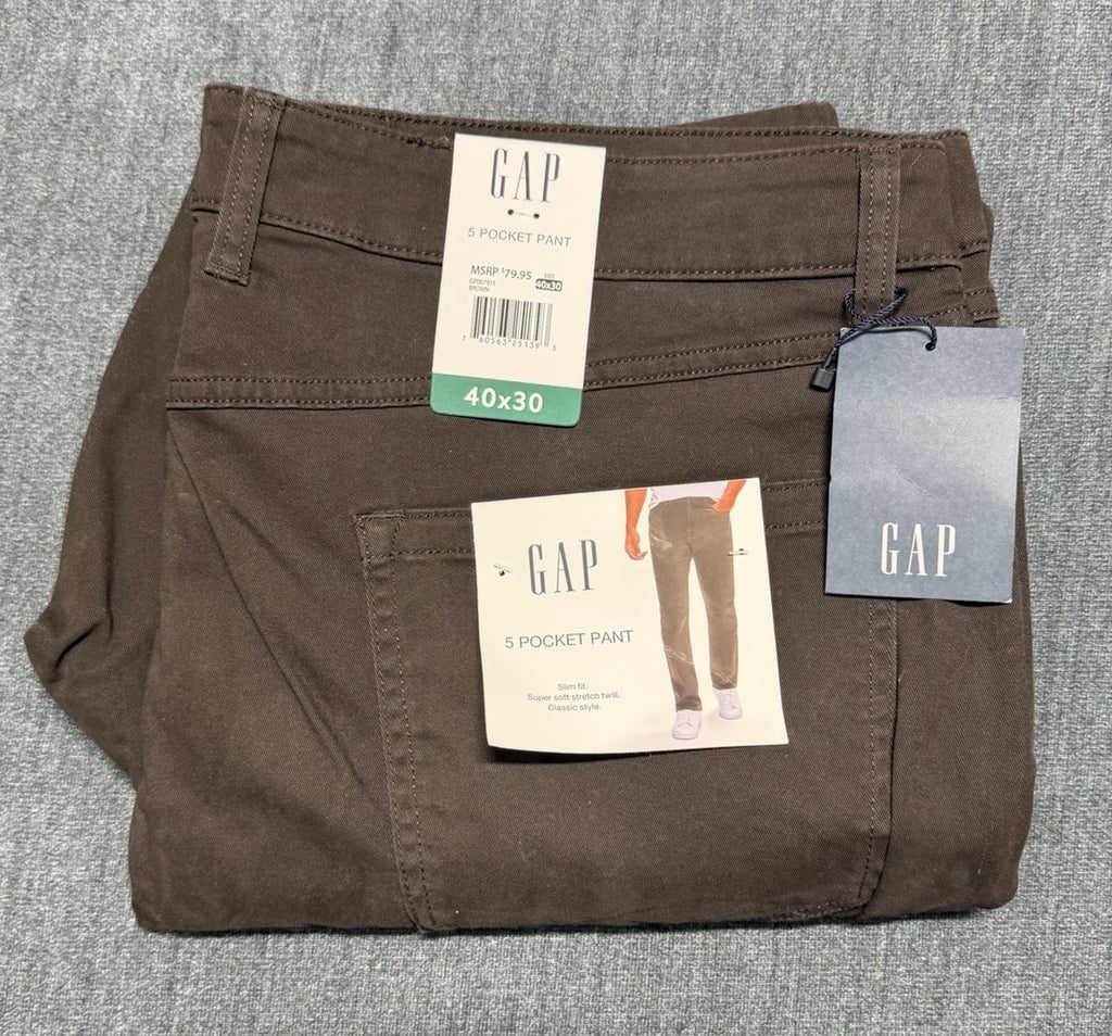 NWT Gap Slim Fit Stretch Twill Pants Men's 40x30 5-Pockets Brown Zip-Fly Classic