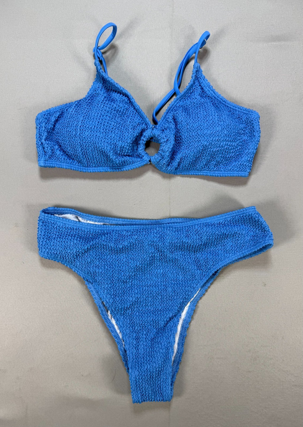 SHEIN Smocked Ring Linked Bikini Set Women Small Blue Textured High Cut Swimsuit