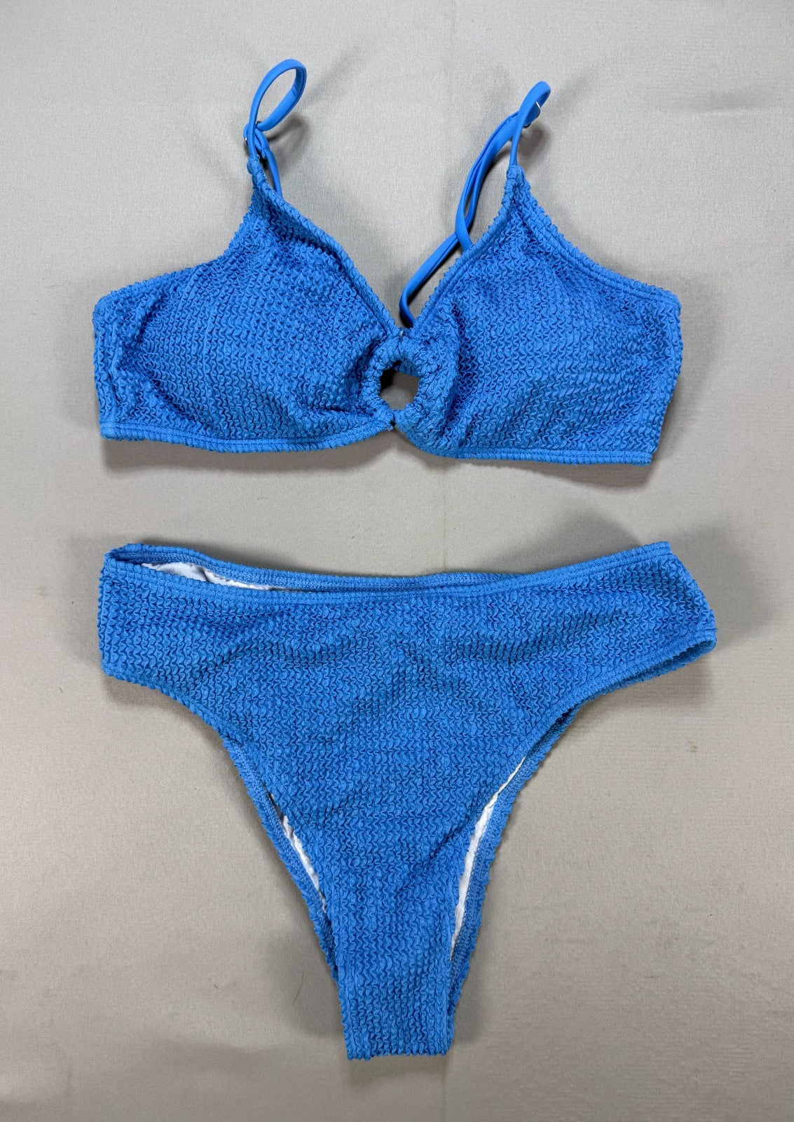 SHEIN Smocked Ring Linked Bikini Set Women Small Blue Textured High Cut Swimsuit