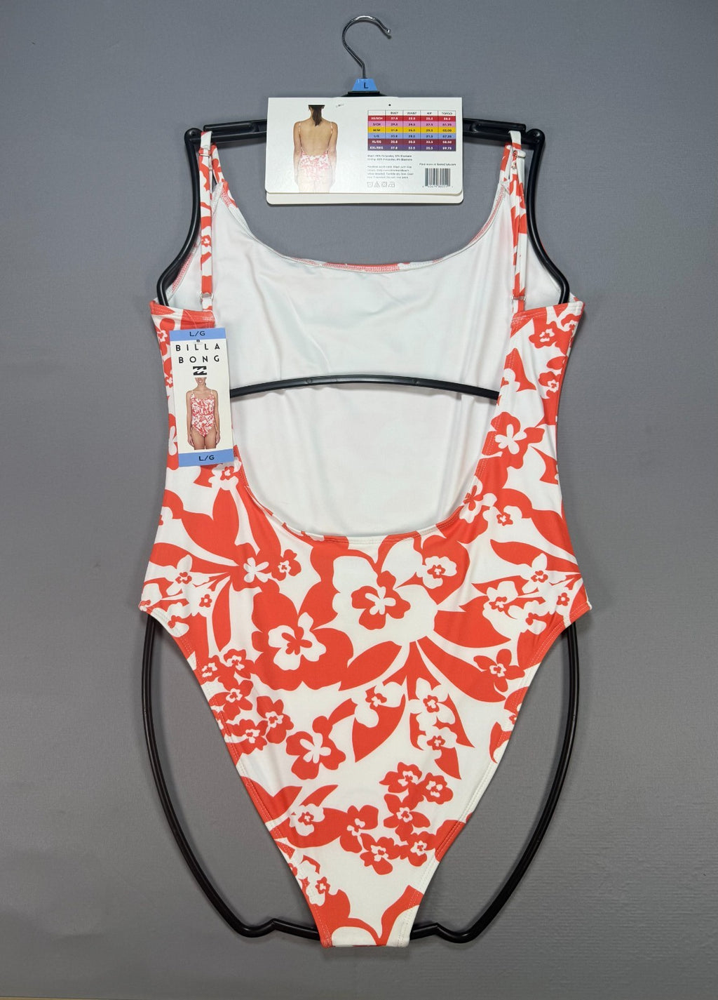NWT Billabong One-Piece Swimsuit Women Large Orange White Floral Spaghetti Strap