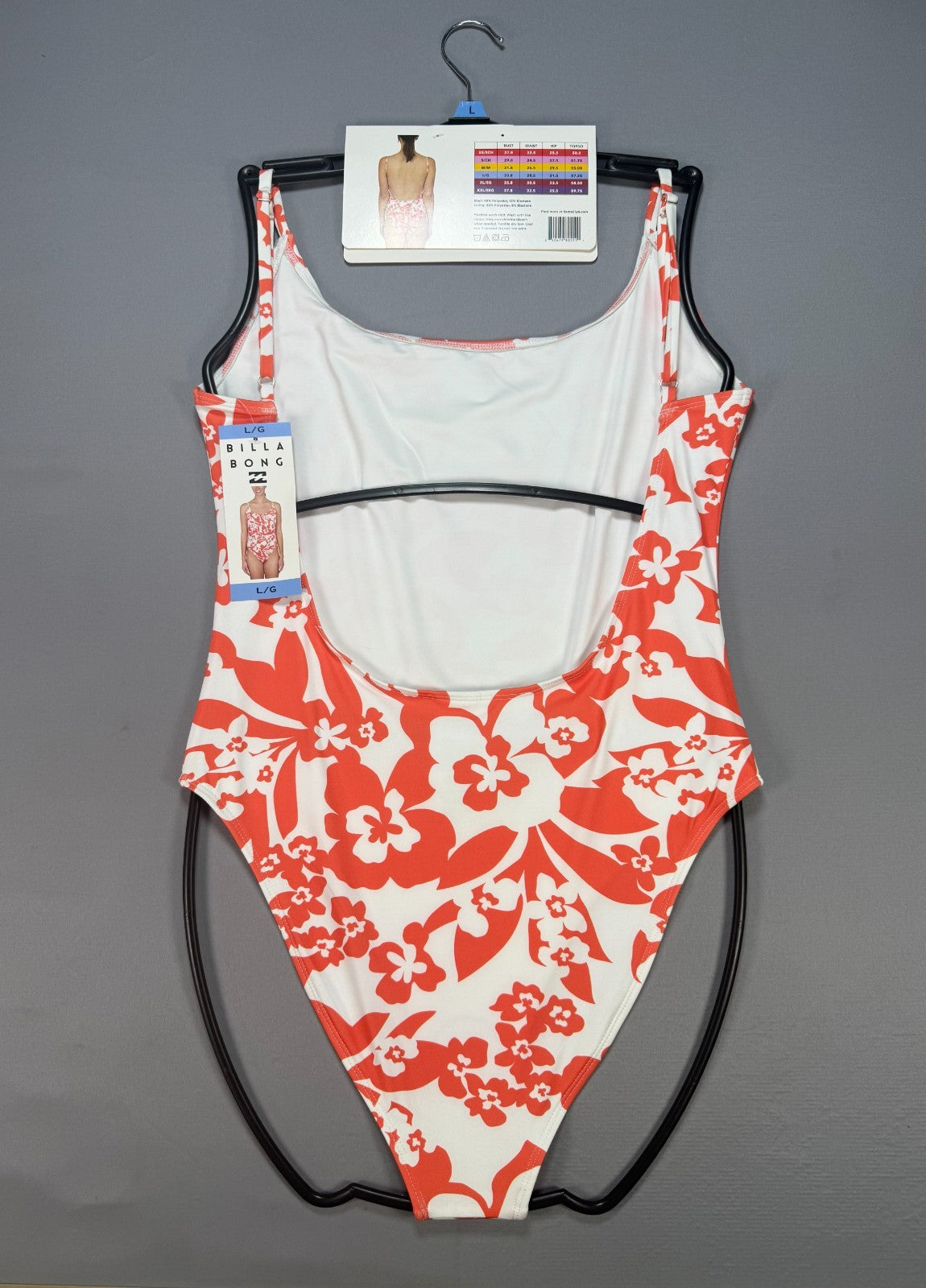 NWT Billabong One-Piece Swimsuit Women Large Orange White Floral Spaghetti Strap