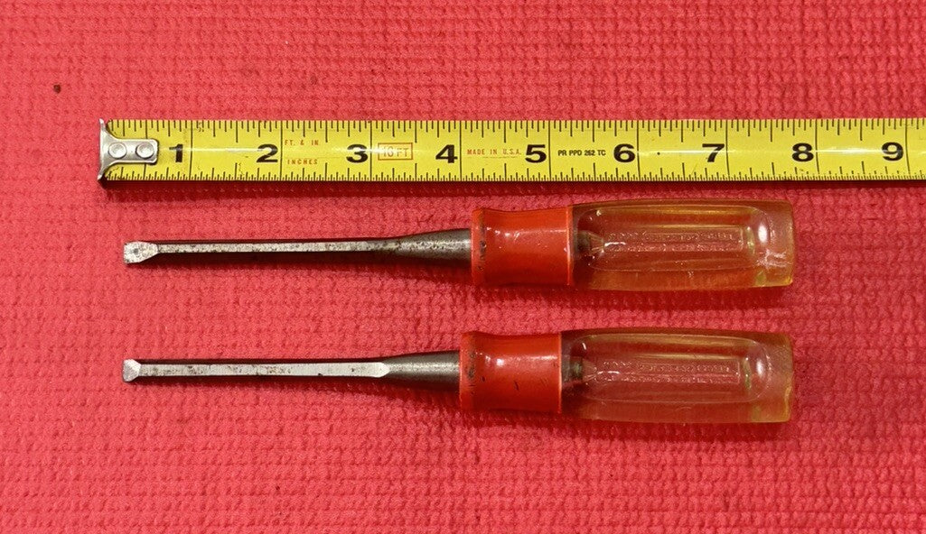 Vintage Stanley Tools 2 PC Wood Chisel clear yellow & Red handle Set Made in USA