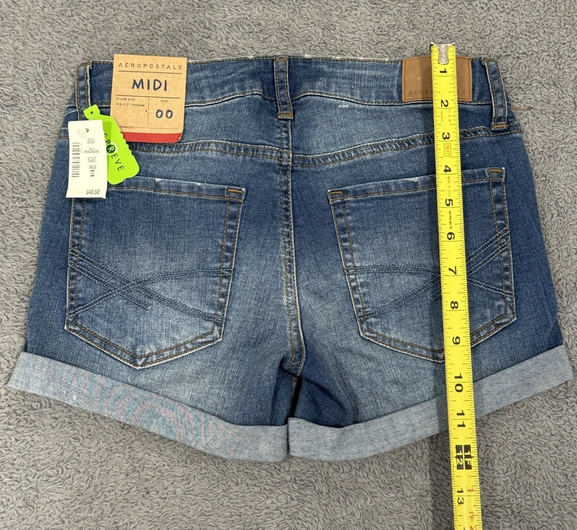 NEW Aeropostale Women’s Size 00, Denim Distressed low rise Midi Jean Shorts