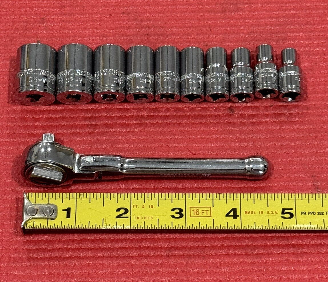 Pittsburgh Pro New 11pc Set 1/4” Drive Stubby Flex Ratchet & SAE Sockets 6pt Set