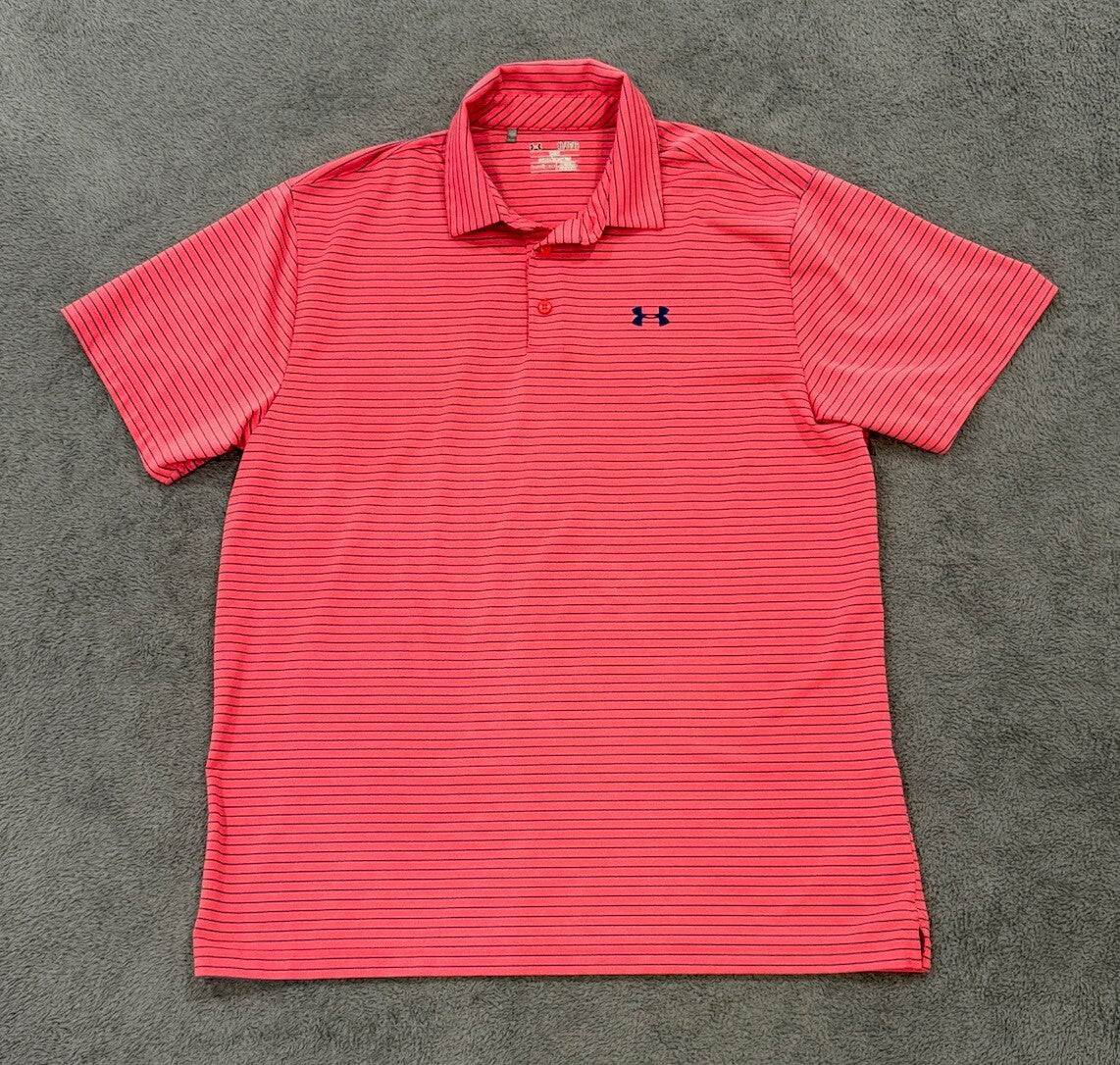 Under Armour Men's Heatgear XL Loose Fit Pollo Golf Shirt Red w/ Blue Stripes