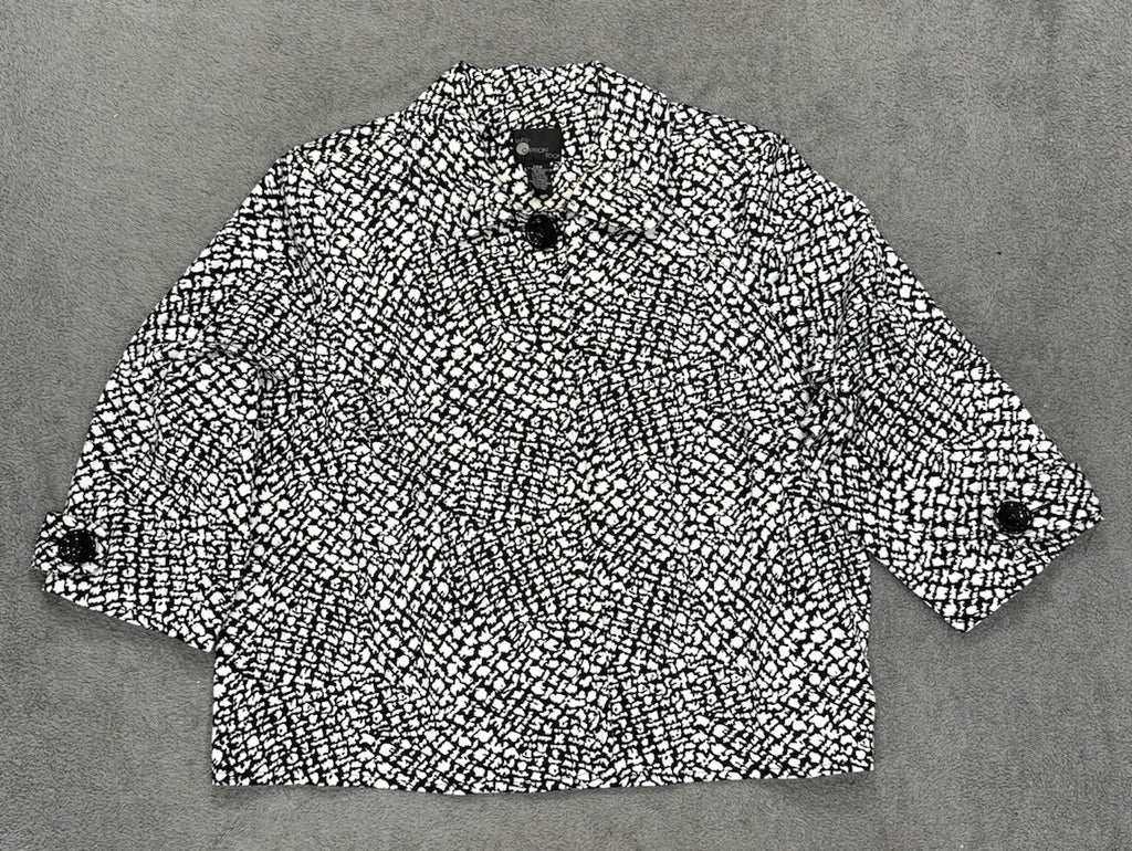 First Option Too Womens Black/White Print 3/4 Sleeves Collared Jacket Size 24W