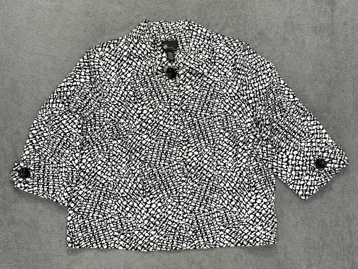 First Option Too Womens Black/White Print 3/4 Sleeves Collared Jacket Size 24W